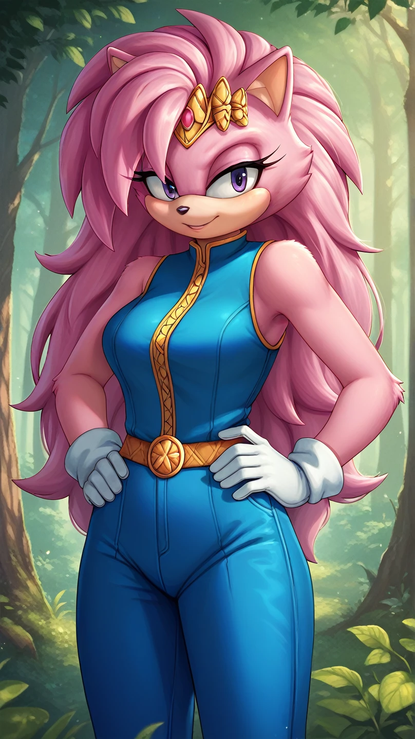  Julie-su The Echinda form sonic the hedgehog (series), (pink body/fur), (pink hair), (backround: forest), (detailed backround), (masterpiece), (high details), (facing the viewer:1.3), (looking at the viewer:1.3), (purple eyes),purple IncursioDipDyedHair,   blue jumpsuit, white gloves, sleeveless, hands on hips, long hair, 