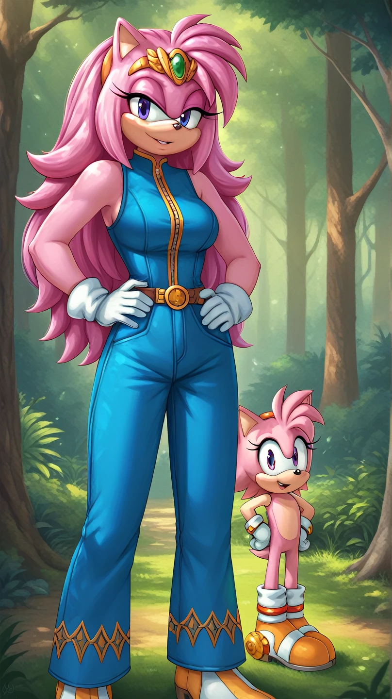  Julie-su The Echinda form sonic the hedgehog (series), (pink body/fur), (pink hair), (backround: forest), (detailed backround), (masterpiece), (high details), (facing the viewer:1.3), (looking at the viewer:1.3), (purple eyes),purple IncursioDipDyedHair,   blue jumpsuit, white gloves, sleeveless, hands on hips, long hair, 