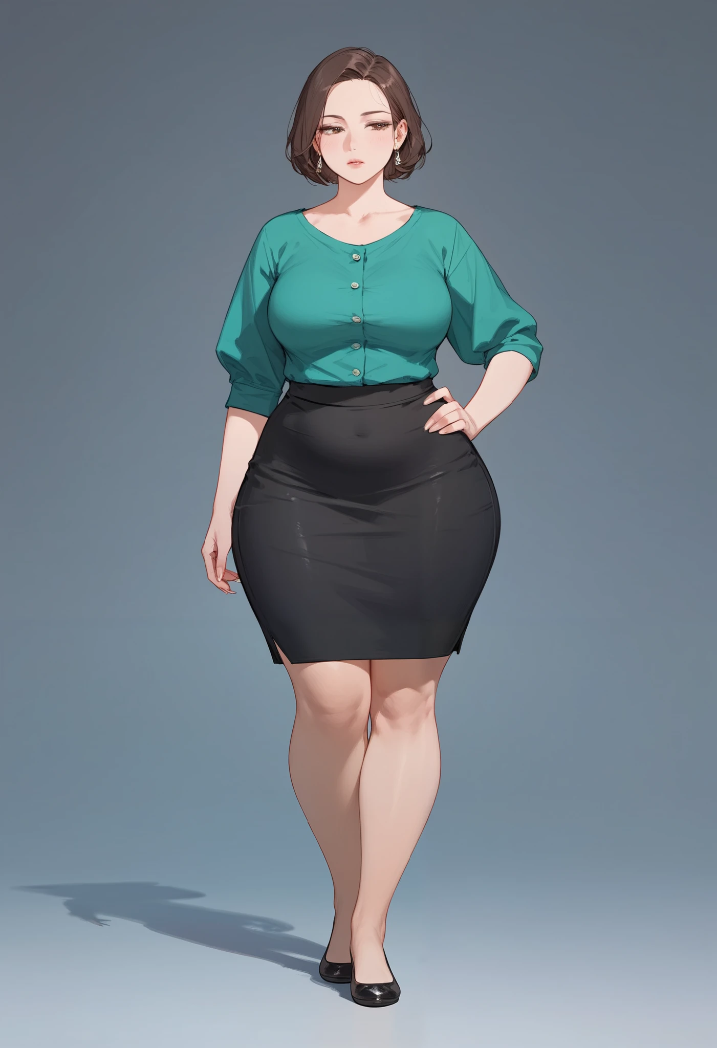 (score_9,score_8_up,score_7_up), short legs, 1lady, mature female,middle-aged woman, adult woman, 60 years old, very short hair, exposed forehead, hair away from forehead, brown hair, big forehead, long bob hairstyle, green button up casual blouse, short sleeved blouse, tight long pencil skirt, very long skirt, long black pencil skirt, half lidded eyes, hand on hip, blank expression, pale, thick thighs, ballerina flats shoes, black footwear, wide hips, standing upright, full body shown, thick legs, massive thighs, older woman,voluptuous, hourglass bodyfigure, facing forward, detailed face, staring, long fingernails, natural nails