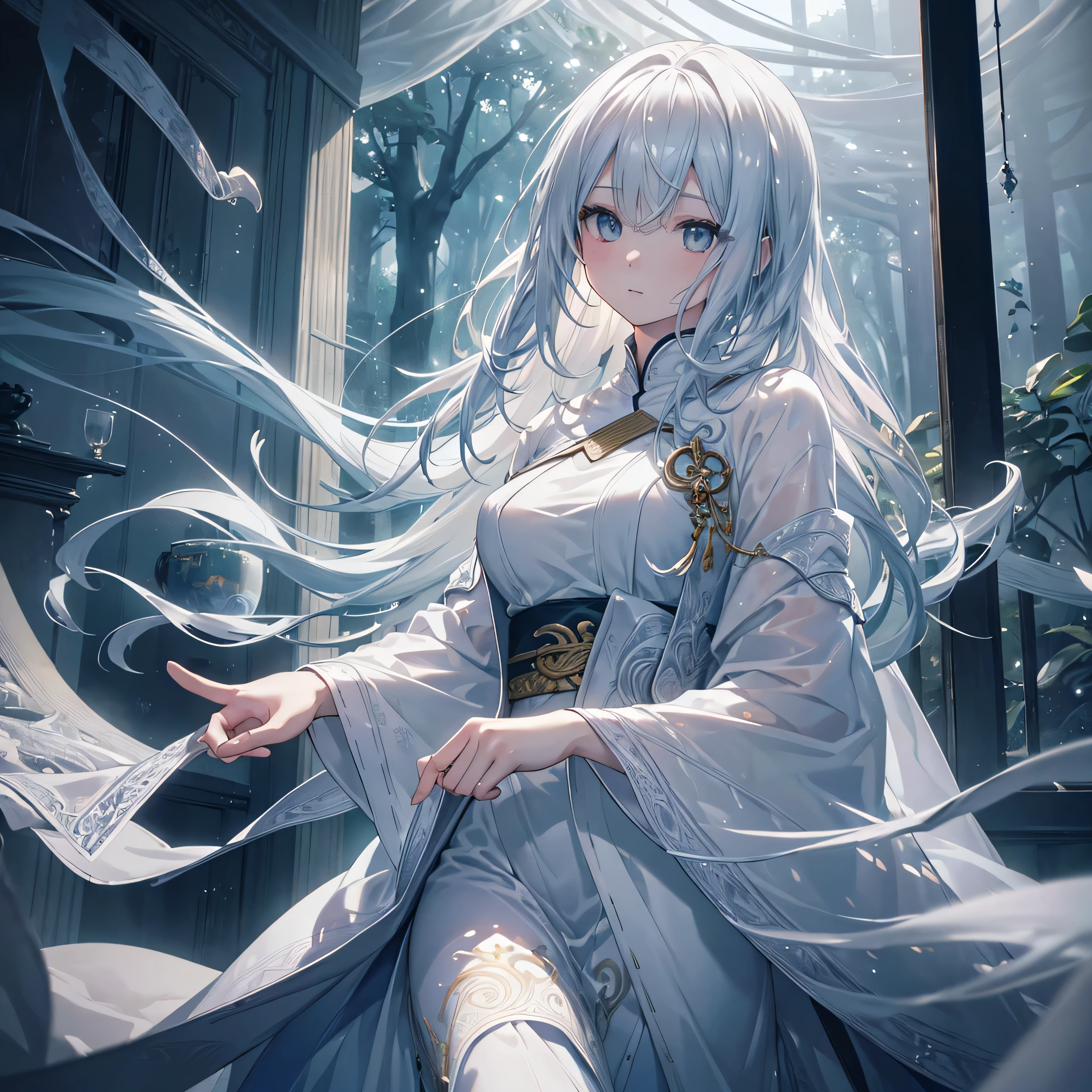 Arrival, Realistic detailed white snake、 highly detailed scale 、White Snake, shining supernatural energy、coiled body 、 fantasy, intricate pattern 、flowing motion、 mystical atmosphere、 gentle expression 、natural environment、 natural light、ambient fog 、moody color 、 photorealistic、( top quality 、8k、 high res、masterpiece:1.2)、 super detailed 、( real、 photorealistic、 photorealistic:1.37)、Film composition、 Dramatic Lighting ,White clothes that are less revealing,
