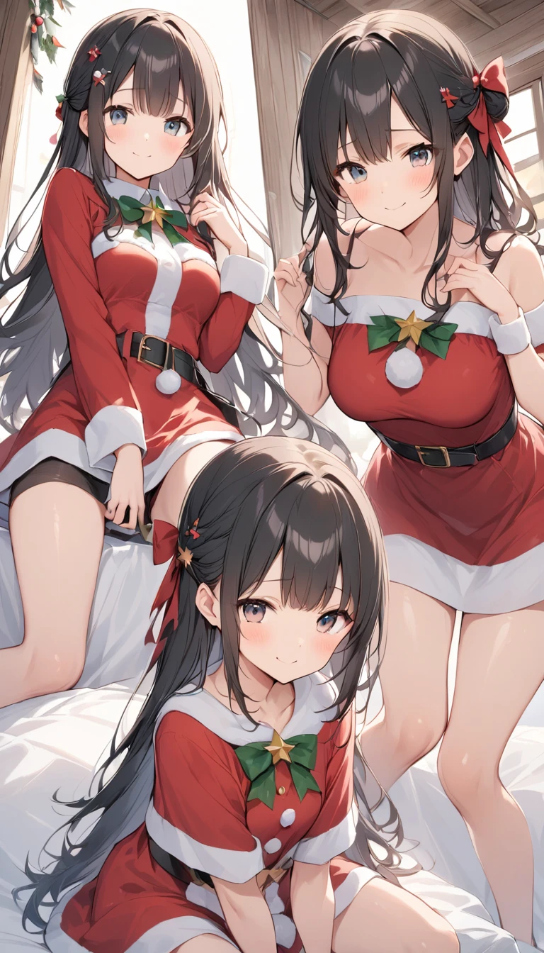 mastute piece,Best Quality,insanely detailed,
3girl,3girls are stacked vertically in three tiers,stack buttocks three times,3girls look at front,(santa costume,breasts out,no skirt,no bra,no panties),blush,shy,3girls pink hair,perfect breasts,open mouth,Christmas,