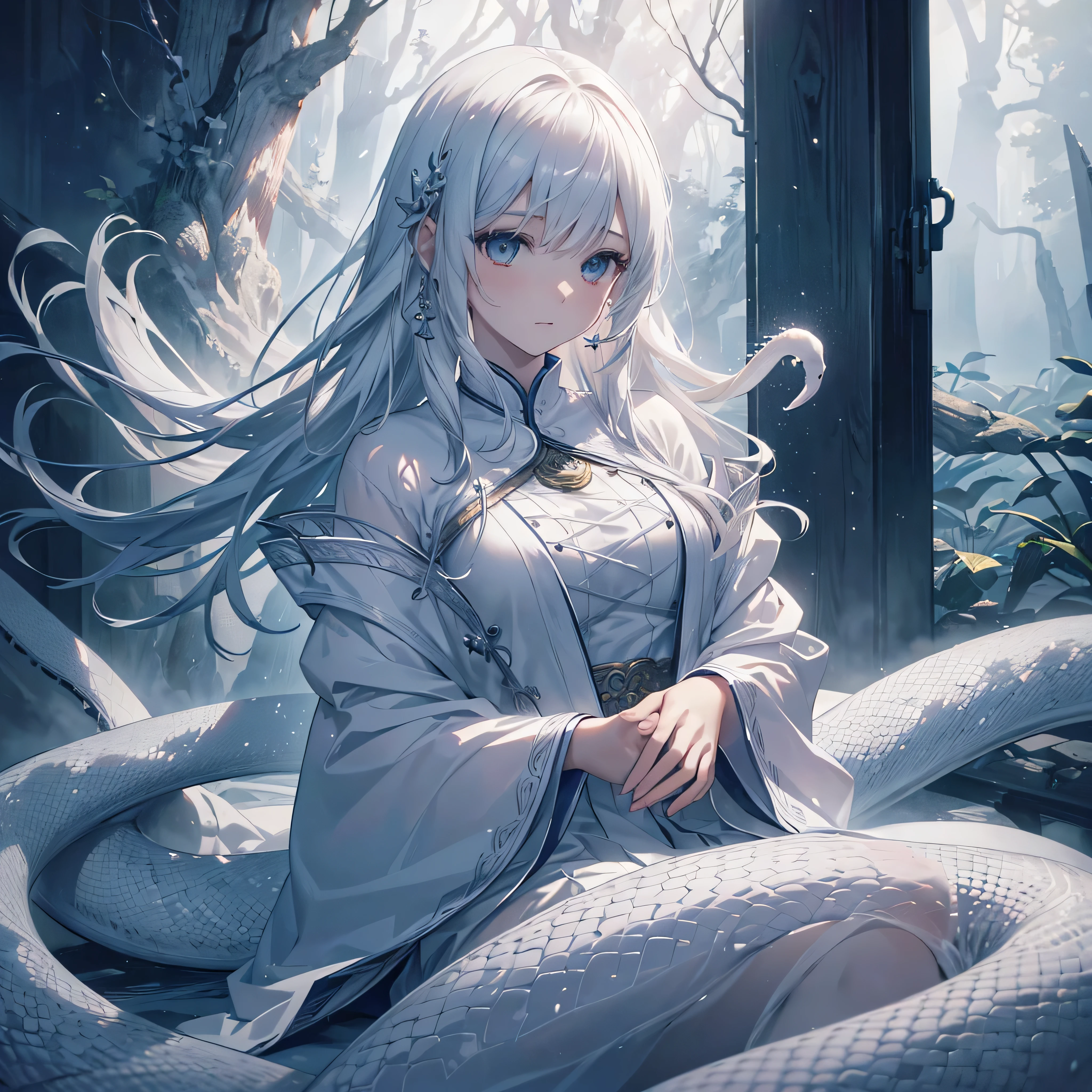 Arrival, Realistic detailed white snake、 highly detailed scale 、White Snake, shining supernatural energy、coiled body 、 fantasy, intricate pattern 、flowing motion、 mystical atmosphere、 gentle expression 、natural environment、 natural light、ambient fog 、moody color 、 photorealistic、( top quality 、8k、 high res、masterpiece:1.2)、 super detailed 、( real、 photorealistic、 photorealistic:1.37)、Film composition、 Dramatic Lighting ,White clothes that are less revealing,