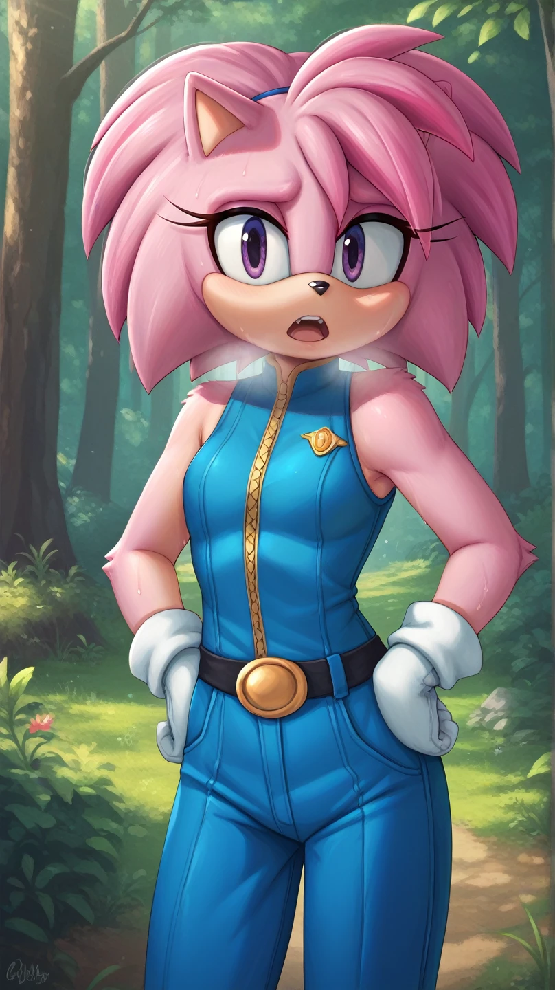  Julie-su The Echinda form sonic the hedgehog (series), (pink body/fur), (pink hair), (backround: forest), (detailed backround), (masterpiece), (high details), (facing the viewer:1.3), (looking at the viewer:1.3), (purple eyes),purple IncursioDipDyedHair,   blue jumpsuit, white gloves, sleeveless, hands on hips, open mouth, out of breath, sweaty, exhausted expression