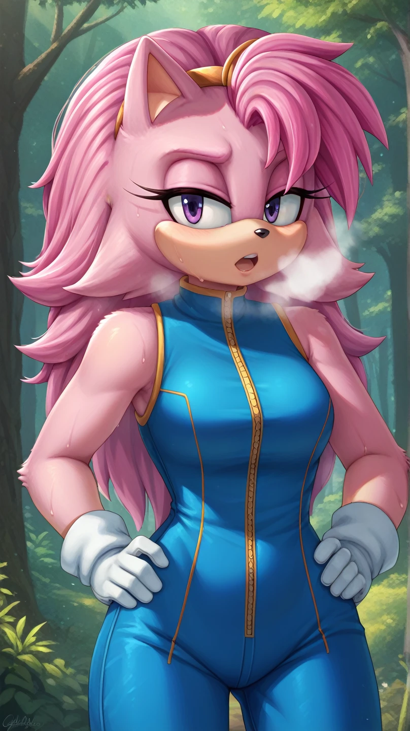  Julie-su The Echinda form sonic the hedgehog (series), (pink body/fur), (pink hair), (backround: forest), (detailed backround), (masterpiece), (high details), (facing the viewer:1.3), (looking at the viewer:1.3), (purple eyes),purple IncursioDipDyedHair,   blue jumpsuit, white gloves, sleeveless, hands on hips, open mouth, out of breath, sweaty, exhausted expression