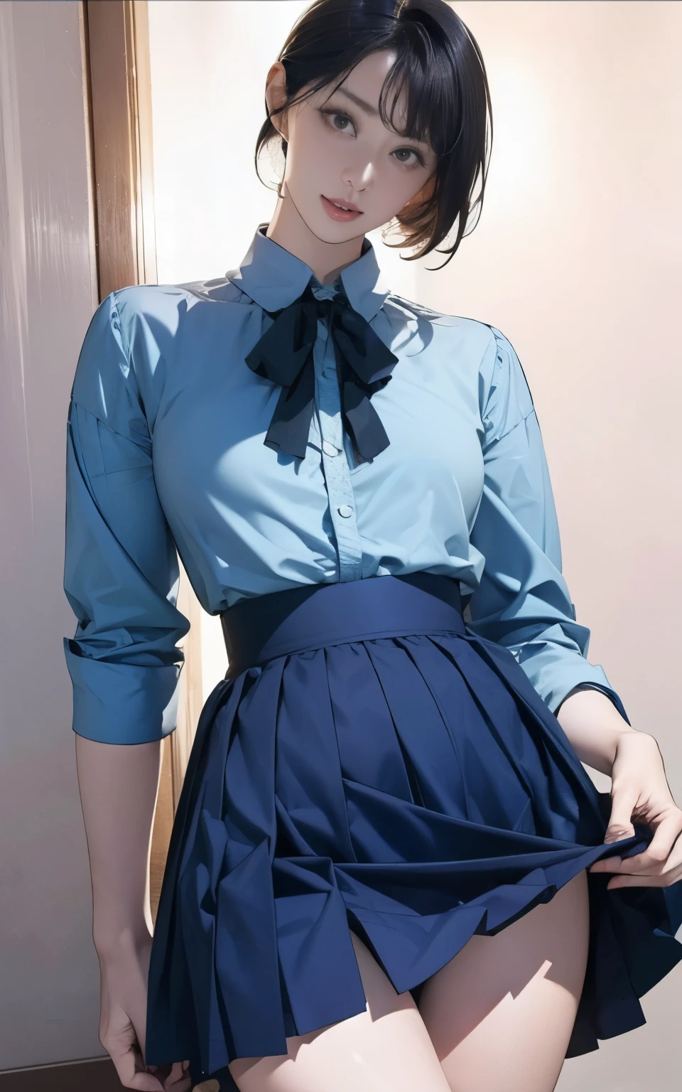 hight resolution、high-level image quality、in 8K、Real live-action、Raw photography、top-quality、masterpiece、masutepiece、Erotic、Pupils、Pink bra,de pele branca,kne, Detailed panty patterns、panties focus、Pink lace panties、absurderes,a small face、huge-breasted、Parting the bangs from the middle、Forehead visible,(a cold expression<Tight eyes,glares,Bullish,Thin anger)、masterpiece,top-quality、超A high resolution,Raw photo,ren,Beautiful fece,One Person, 独奏,Dark look,Small breasts,fullllbody、Very nice、Officelady, Black Office Blazer, Office Skirt, (panthyhose: 1.2)、(Short button-down shirt:1.2)、A Japanese Lady,is standing,(Photorealsitic:1.37)、Photon mapping,Pink ribbon,Realistic、Cute little face,Brown-eyed、18 years old, adult female、(Red bow tie)、Radio City、Physically Based Rendering、Foreground、depth of fields、Blurry background、a picture,The girls、Body,beauty legs, Long legs, Thin leg,Long bob cut,(Bangs are visible), hair, s lips, Blue_The eye, nosesoft,(PINK SHIRT), (Navy Tight Skirt), Knees are visible,Sheer clothing, Thigh, Nogizaka Idol, 女優, Japanese ido、Sparkling eyes、shiny lip、too bright natural light、The Bright Sun、Too bright sunlight、