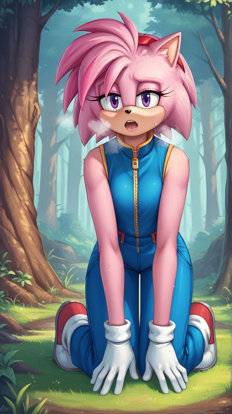  Julie-su The Echinda form sonic the hedgehog (series), (pink body/fur), (pink hair), (backround: forest), (detailed backround), (masterpiece), (high details), (facing the viewer:1.3), (looking at the viewer:1.3), (purple eyes),purple IncursioDipDyedHair,   blue jumpsuit, white gloves, sleeveless, hands on knees, open mouth, out of breath, sweaty, exhausted expression