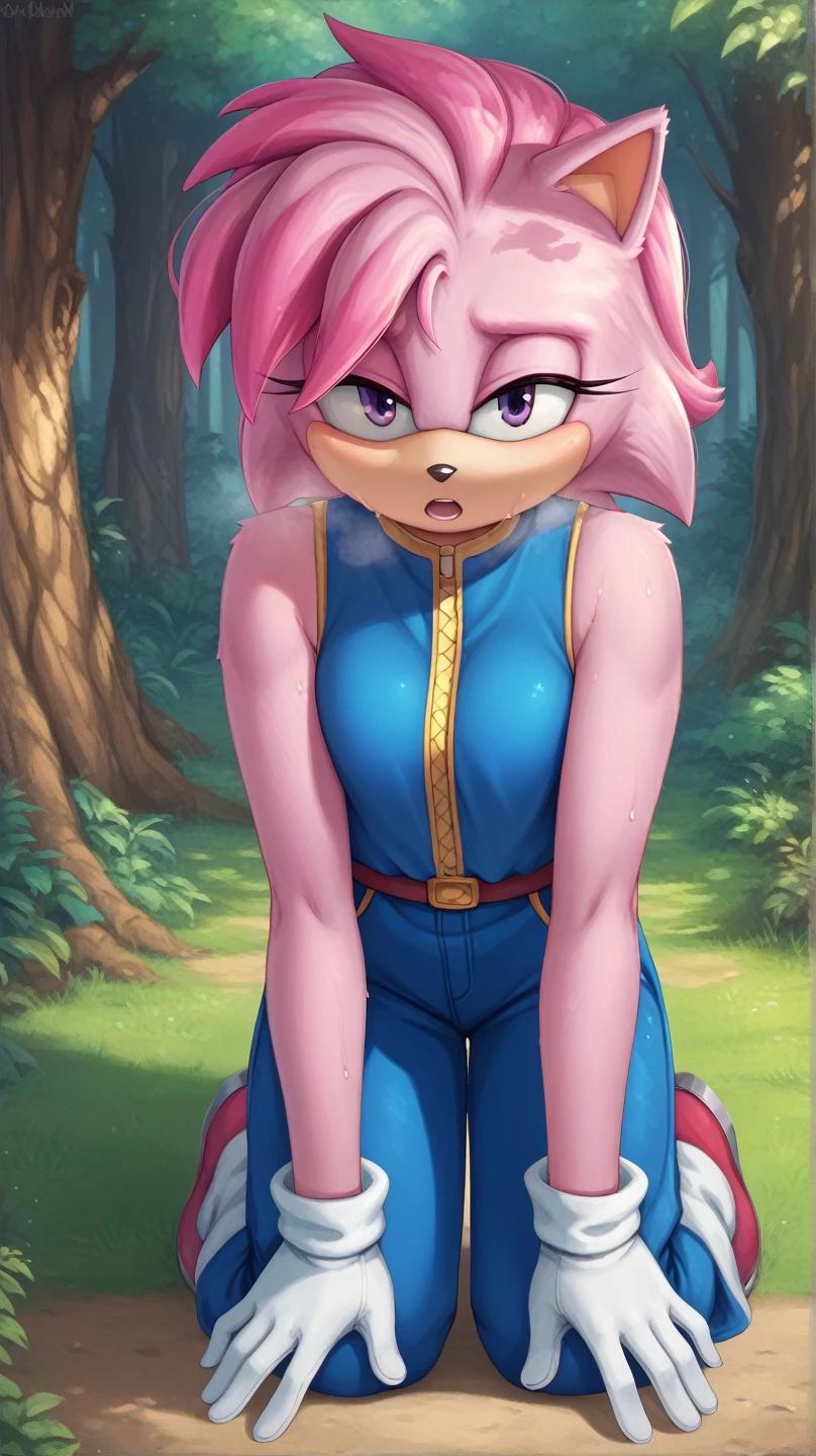  Julie-su The Echinda form sonic the hedgehog (series), (pink body/fur), (pink hair), (backround: forest), (detailed backround), (masterpiece), (high details), (facing the viewer:1.3), (looking at the viewer:1.3), (purple eyes),purple IncursioDipDyedHair,   blue jumpsuit, white gloves, sleeveless, hands on knees, open mouth, out of breath, sweaty, exhausted expression