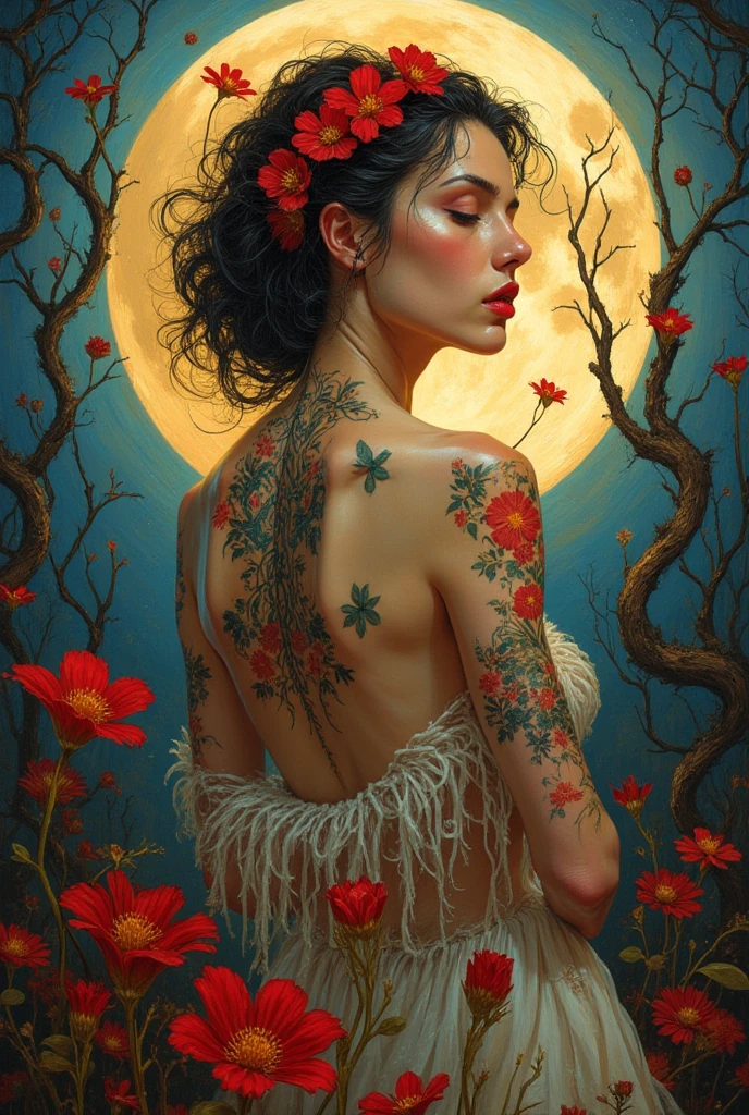 a woman with tattoos,top less, in front of a space background with flowers and planets in the background, fantasy art, Android Jones, cyberpunk art, solarpunk, (Best Quality, 8K, Masterpiece, Ultra HD: 1.3, Ultra quality cinematic lighting, Huge detail, Well lit, 35mm, sharp, hyper realistic, epic scale, insane level of details, wife angle kens, full body shot, birthday suit
