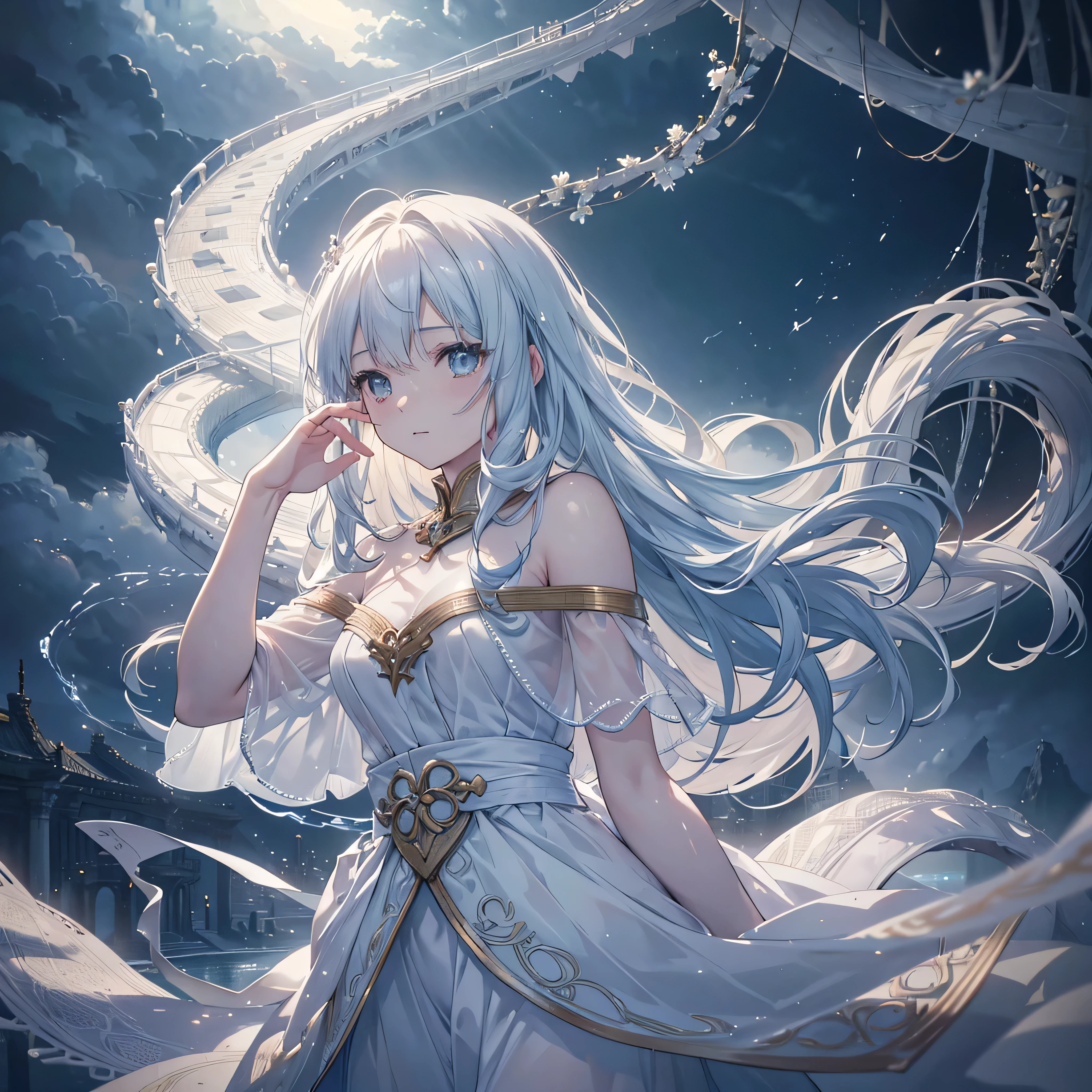 (masterpiece,Highest quality, Very detailed, beautiful, Exquisite, 16K, Full HD),A girl emerged from the sea, The Swan Princess of Russian Mythology, beautiful穏やかな顔, blue eyes, Long blonde hair braided, The moon is woven into the hair at the back of the head., Old Russian shiny white clothes, On her head is a kokoshnik crown, Affectionate look, Half-laugh, There was a gentle look on his face, Background seascape and sunlight, full length, Photorealism