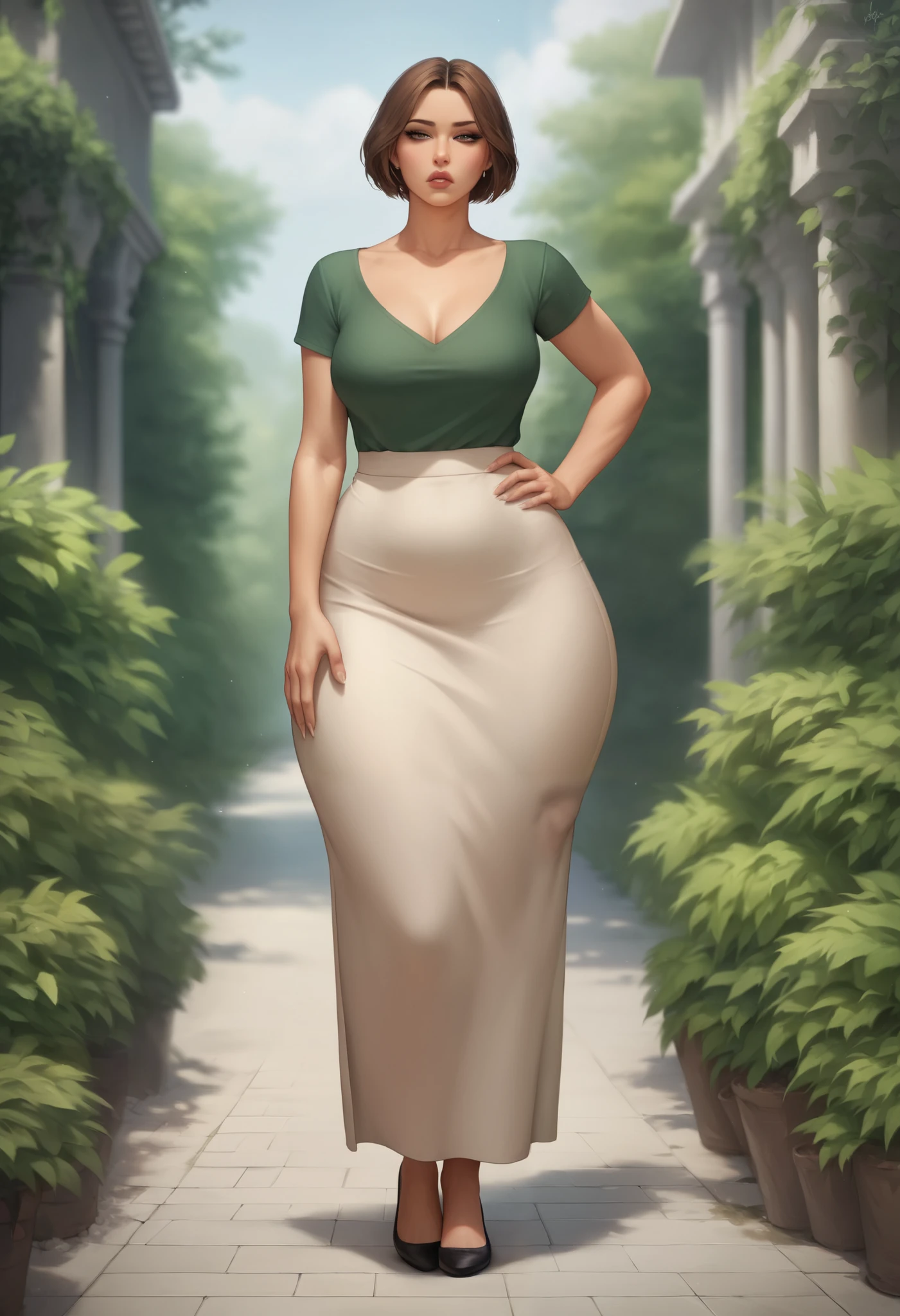 (score_9,score_8_up,score_7_up), short legs, 1lady, mature female,middle-aged woman, adult woman, 60 years old, very short hair, exposed forehead, hair away from forehead, brown hair, big forehead, long bob hairstyle, green button up casual blouse, short sleeved blouse, tight long pencil skirt, very long skirt, long black pencil skirt, half lidded eyes, hand on hip, blank expression, pale, thick thighs, ballerina flats shoes, black footwear, wide hips, standing upright, full body shown, thick legs, massive thighs, older woman,voluptuous, hourglass bodyfigure, facing forward, detailed face, staring, long fingernails, natural nails