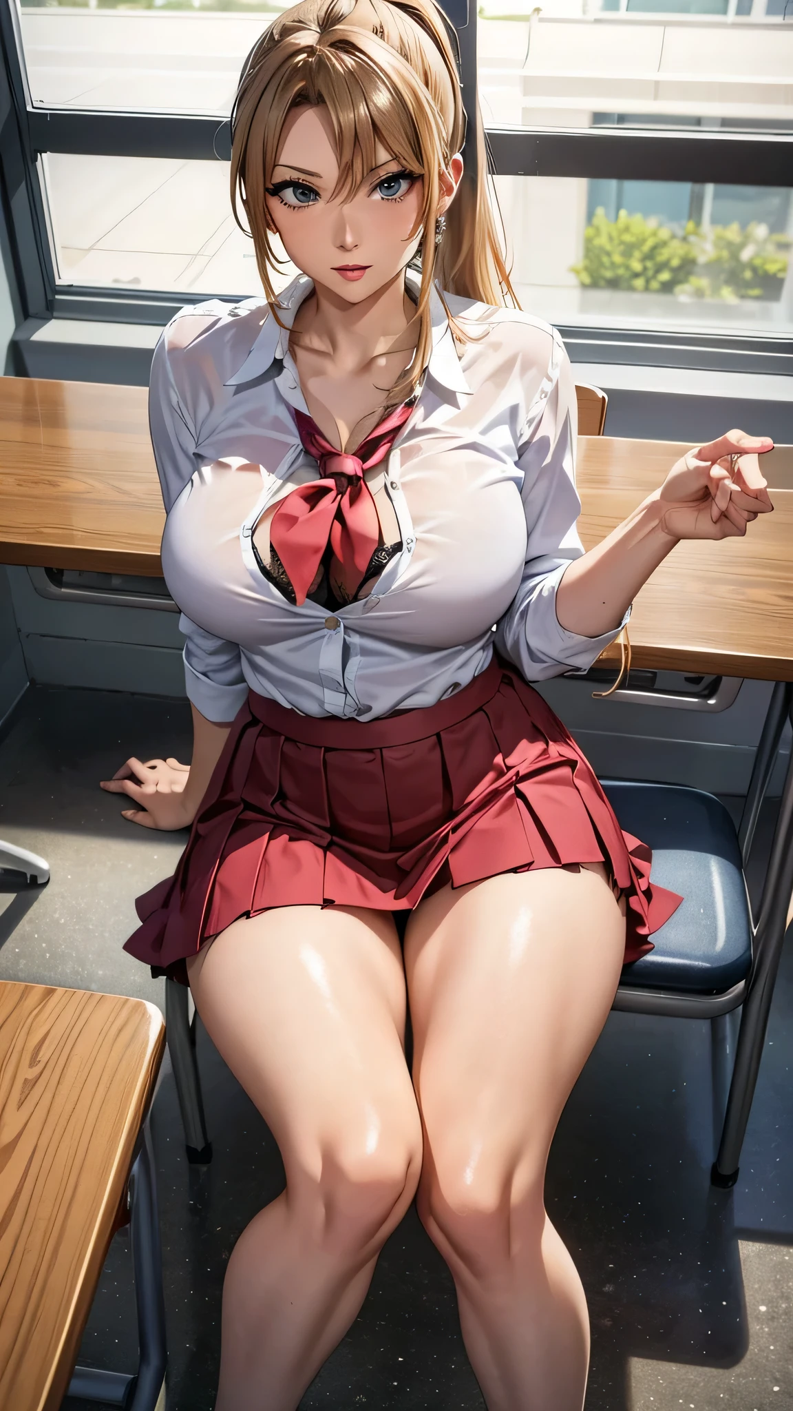 (masterpiece, high res, top quality :1.3), professional artwork, 8k, very detailed,((( gal))),(( Pleated Miniskirt )),(( beautiful legs)),(( high school girl)),(( school uniform)),(( pantyhose)),(((Mature Woman))),((( sexy bras that reveal hands and feet))),((blouse)),(( beautiful feet)),((open-chest)),(((Big Breasts))),((Long, long hair)),(( ponytail)), squats, school classroom, Open Your Legs Big