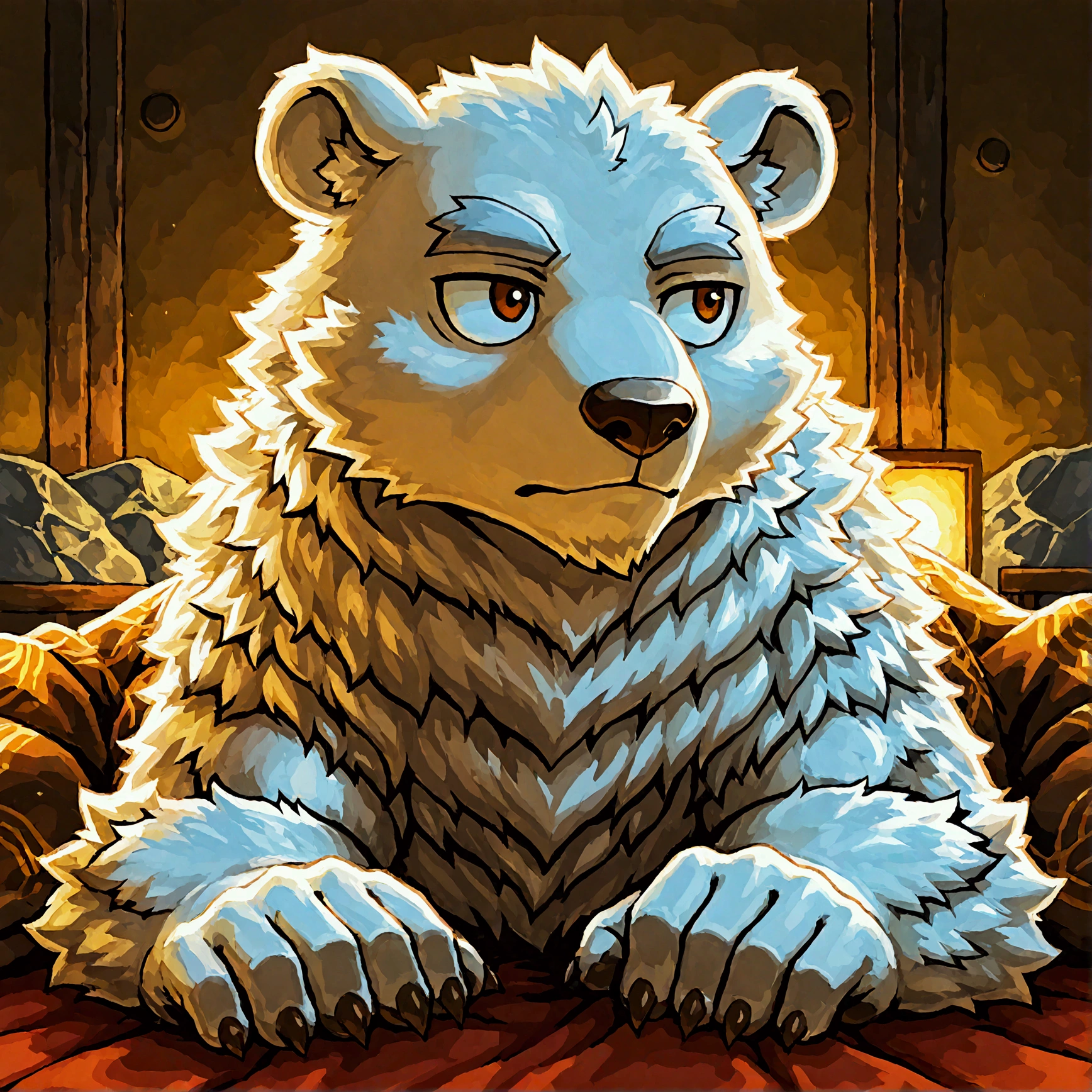 character focus, full body, looking away, various angle, a plump middle-aged polar bear man, clothed, nightwere, lying, relax pose, BREAK complete anatomy, perfect proportions, beautiful thigh gap, fluffy body, intricate fur details, beautiful fur texture, BREAK a detailed polar bear tail, detailed toe, detailed foot, detailed hands, 5fingers, 5fingers nails, BREAK aesthetic anime face, insanity detailed face, male face, big face, square jawline, aesthetic anime eyes, detailed brown eyes, detailed brown cornea, detailed dark brown irises, detailed pupils, male eyes, big eyes, male eyebrows, innocent look, beautiful beard, BREAK full body in Michelangelo Buonarroti style, digital illustration anime, housamo style, detailed painting landscape, bedroom, indoor, full color, HDR, BREAK masterpiece, official art, best quality, very aesthetic, absurdres, super fine illustration, great quality, BREAK noise reduction, very highres, large filesize, high quality, 32K, 8k wallpaper, dynamic lighting, BREAK insanity detailed, ultra detailed, intricate details, extremely detailed, detailed texture, an extremely delicate and beautiful, BREAK osukemo, e621 illustration, kemohomo, anthropomorphic, furry, cartoon, harmonious body, pastoral face, virtuous eyes, cute atmosphere