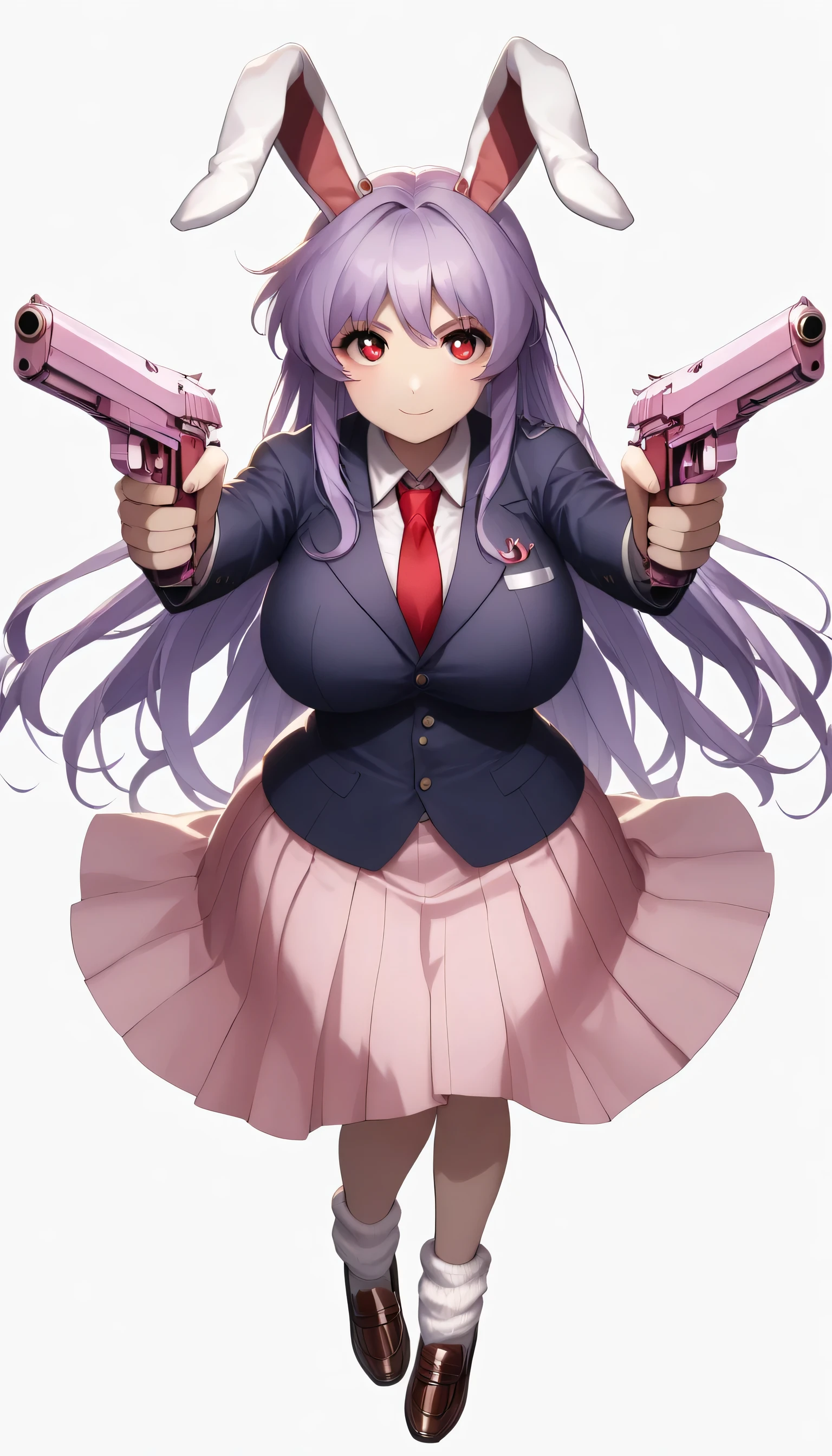 masterpiece,best quality
Huge_breasts,, 1girl, reisen_udongein_inaba, purple_hair, red_eyes, rabbit_ears, long_hair
white_shirt, red_necktie, pink_skirt, loose_socks, loafers, blazer,dual pistols,anime coloring