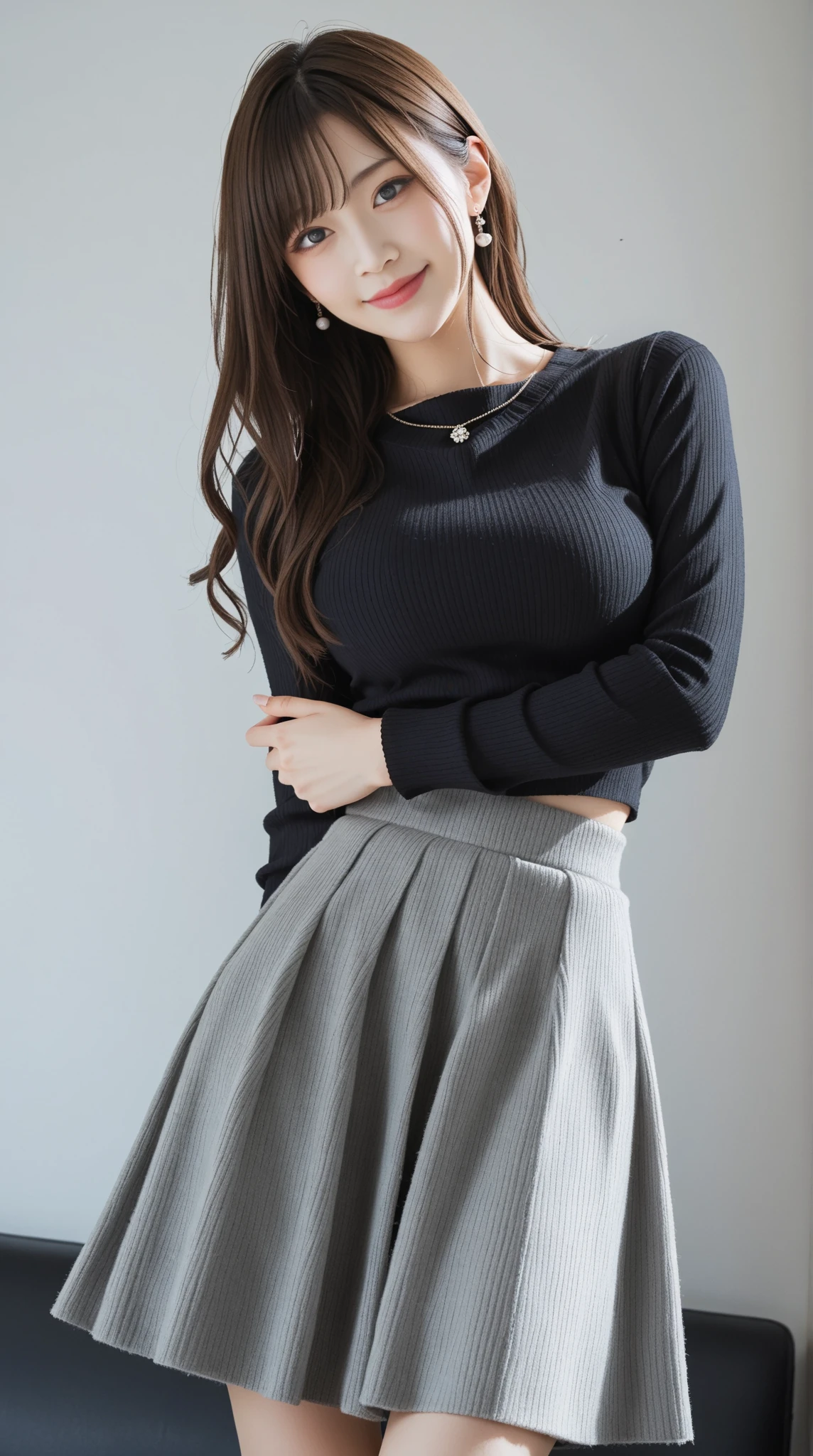 A girl of about 23 years old,simplicity,Extremely beautiful and delicate,(light make-up),Black color hair,A sweet smile,Delicate and beautiful fair skin,Realistic and realistic,exquisite and complete facial features,Detailed depiction of the face,tall nose bridge,Red lips,Beautiful, gentle and beautiful girl,Smooth hair,extremely detail hair,Feminine temperament,Fill your face light,hyper realisitc,photorealestic,8K quality,extremy detailed,Realistic details,Works of masters,Realistic to the extreme,big breasts body,Beautiful,Pure desire,Stunning beauty,Peerless beauty,Highest image quality,8K分辨率,goddes,ssmile,Fine facial features,Hair over the shoulder,A brown-haired,Large long thick legs,(((High-waisted French top))),(((short skirt))),rays of sunshine,facing at camera,The body is well-proportioned and firm,Gentle eyes,Exposing thighs,stand posture,Stand inside the mall,Full body photo