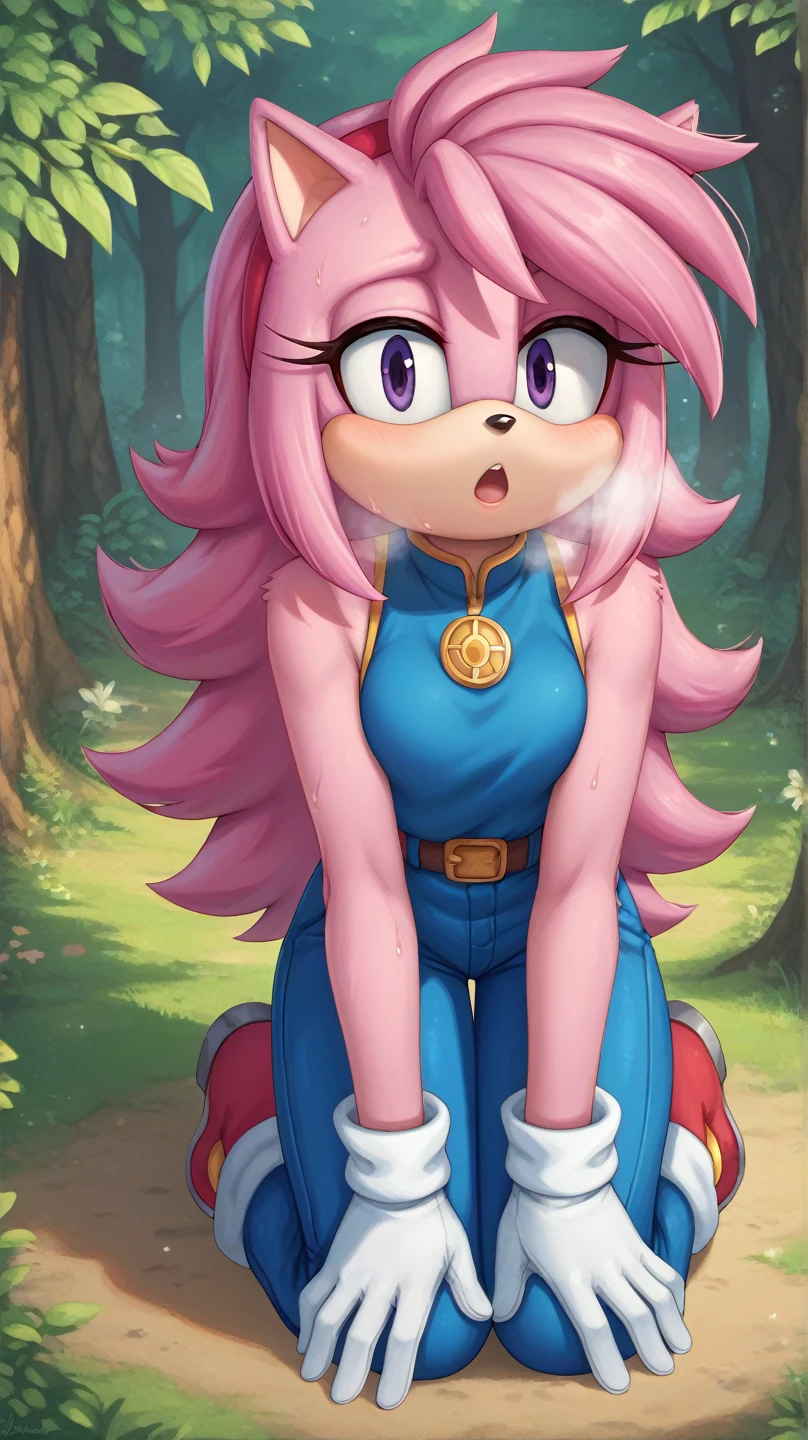  Julie-su The Echinda form sonic the hedgehog (series), (pink body/fur), (pink hair), (backround: forest), (detailed backround), (masterpiece), (high details), (facing the viewer:1.3), (looking at the viewer:1.3), (purple eyes),purple IncursioDipDyedHair,   blue jumpsuit, white gloves, sleeveless, hands on knees, open mouth, out of breath, sweaty, exhausted expression