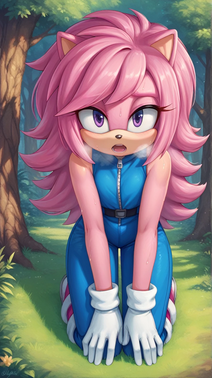  Julie-su The Echinda form sonic the hedgehog (series), (pink body/fur), (pink hair), (backround: forest), (detailed backround), (masterpiece), (high details), (facing the viewer:1.3), (looking at the viewer:1.3), (purple eyes),purple IncursioDipDyedHair,   blue jumpsuit, white gloves, sleeveless, hands on knees, open mouth, out of breath, sweaty, exhausted expression