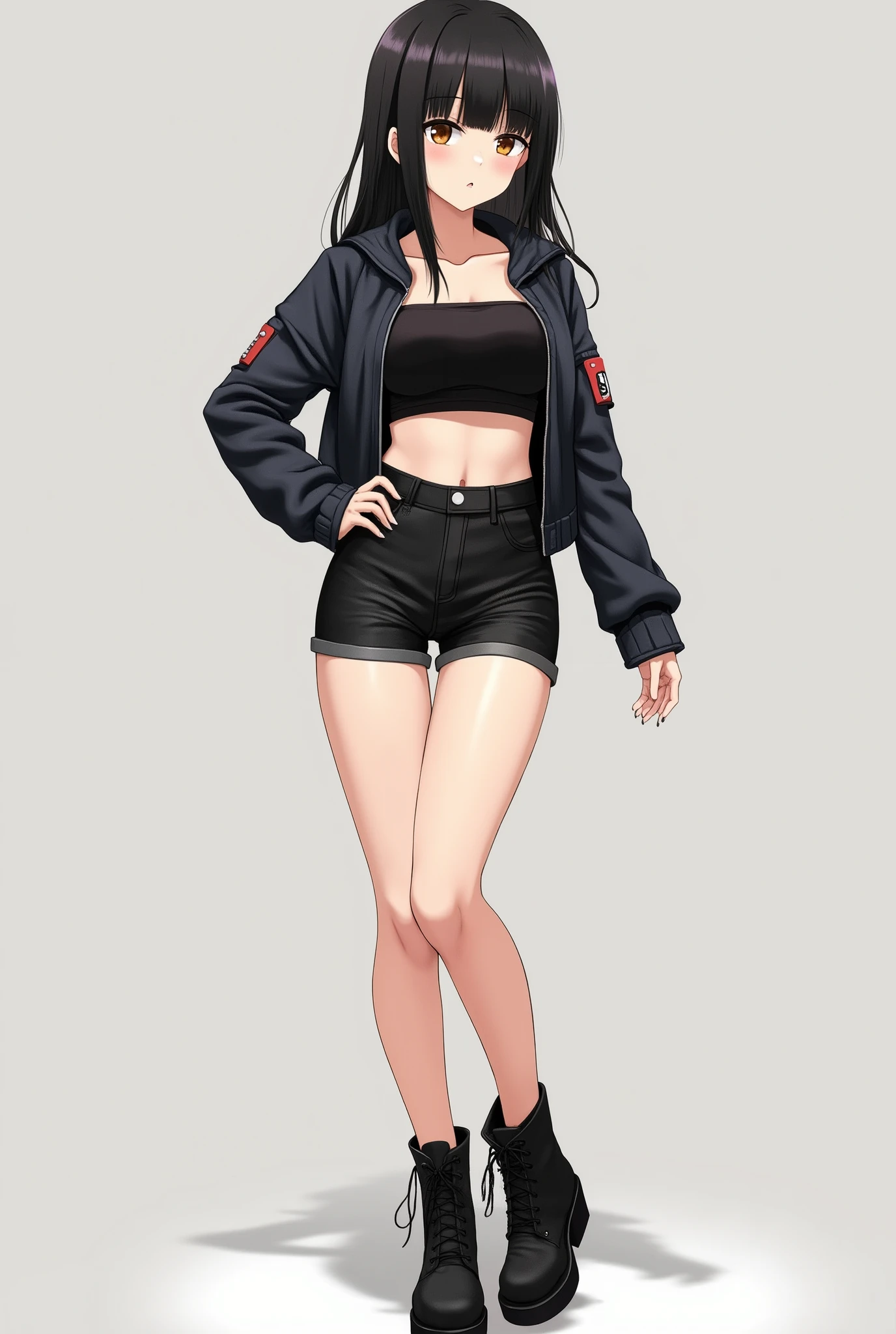 a woman in a casual clothing, crop top and shorts ,converse shoes, 17 years old, adult face, shoulder length slightly wavy hair, ((brownish-black hair)) and gleaming detailed vibrant hazel eyes, slim frame, medium breasts, long legs, beautiful face, medium butt size, small feet size, small hand size, perfect hands, scary face, beautiful face, pretty face, hot woman, British woman, cream skin, soft pink lips , small to medium breast size, sharp features, slim hourglass figure