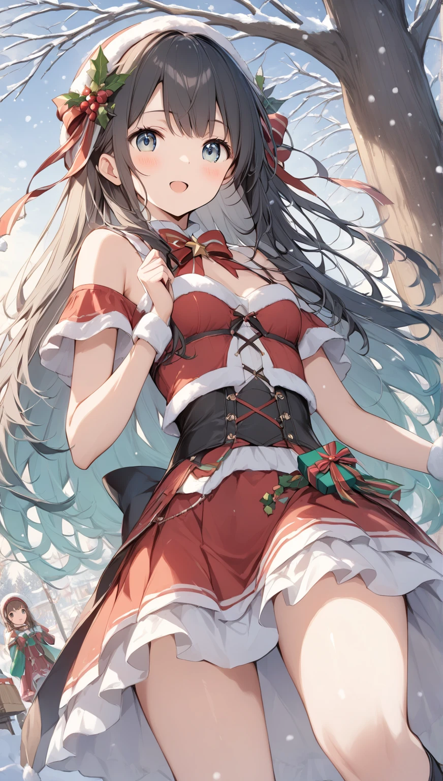 "anime girl, 1 person, black hair, shoulder length hair, red eyes, glasses, white horns, discreet, santa outfit, santa shirt, santa hat, winter outfit, big breasts, stockings, licking lips, small black wings on back, solo, , falling snow, Christmas gift box, Christmaull HD 4K+ image)"