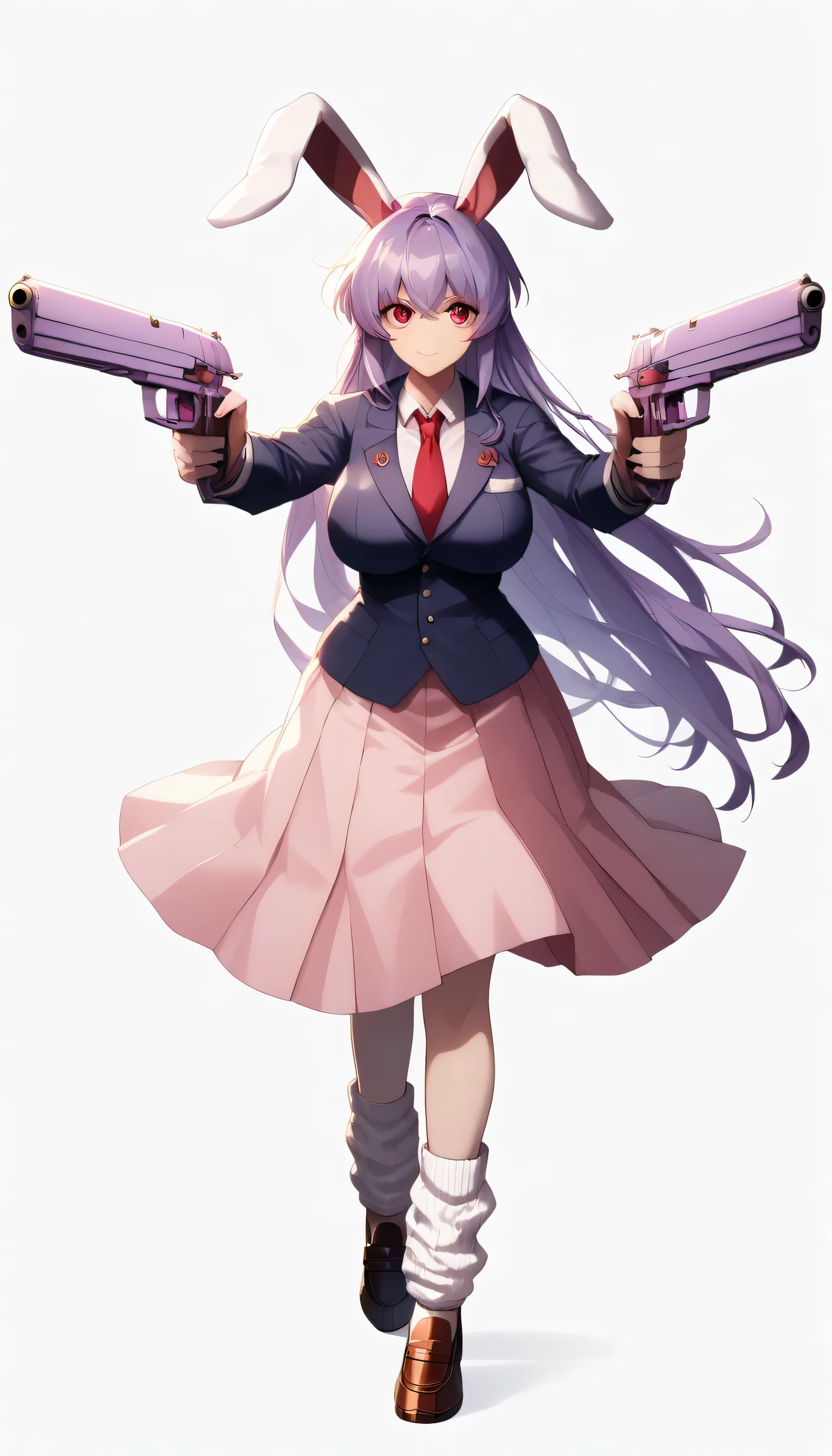 masterpiece,best quality
Huge_breasts,, 1girl, reisen_udongein_inaba, purple_hair, red_eyes, rabbit_ears, long_hair
white_shirt, red_necktie, pink_skirt, loose_socks, loafers, blazer,dual pistols,anime coloring