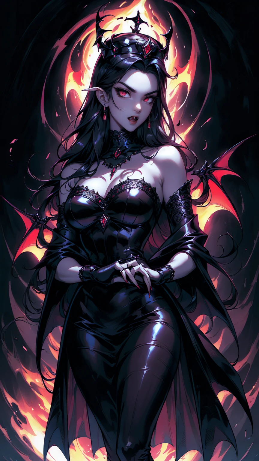 absurdres, ((stunning female Vampire))), goth Renaissance, (long black hair:1.erfect and detailed angular sharp oval shaped face, ((redeyes)), jewelry, red and black tetradic colors, full lips, gothic castle background, (solo), perfect anatomy, approaching perfection, ethereal, intricate details, ultra-high definition, 12k resolution, goth aesthetic, smooth, sharp focus, dreamy, glowing, backlit, glamour, glimmer, fantastical, shadows, smooth, Gothic crown, illustration