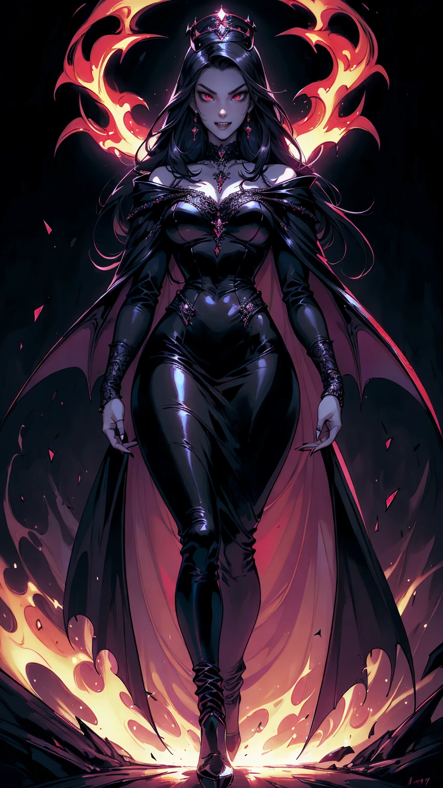 absurdres, ((stunning female Vampire))), goth Renaissance, (long black hair:1.erfect and detailed angular sharp oval shaped face, ((redeyes)), jewelry, red and black tetradic colors, full lips, gothic castle background, (solo), perfect anatomy, approaching perfection, ethereal, intricate details, ultra-high definition, 12k resolution, goth aesthetic, smooth, sharp focus, dreamy, glowing, backlit, glamour, glimmer, fantastical, shadows, smooth, Gothic crown, walking through flames of fire, (whole body) full body , gothic illustration