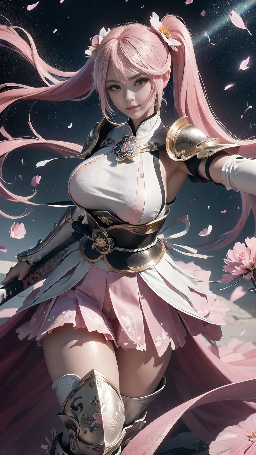  young woman, warrior,(wielding a katana_weapon:1.3), very detailedな, realisti,seductive smile, ((Selfie)),  Brilliant Appearance , Creative Action,  extremely detailed, Imaginative,  Sensual, spontaneous ,  top quality ,  skin texture, ((absurdly long hair,twintails)),((Pastel pink:1.6)), (led eyes), toned body ,(huge breasts:1.6), plump thighs, ( white pink armor with a cosmos flower pattern engraved ),(( leather samurai armor knight)), bikini type design that emphasizes chest exposure ,(sideboob),  Wear a white pink cape with a cosmos flower pattern , ((ruffled skirt:1.3)), White shin guard with a cosmos flower pattern engraved on it , Black high-leg underwear ,  Black Tights ,  absolute domain,  Intricate Details  , (( blue sky)),((Meteor shower:1.3)),(()), ((Cosmos flower petals background:1.3)), ((Cosmos flower petals:1.3)), ((Cosmos flower petals dancing in the wind:1.3)),( Cosmos flowers in full bloom ),(Cosmos flowers in full bloom ), (confetti),  RAW photos , 8k, masterpiece,  top quality , ultra detail, very detailed,  Intricate Details  , high res,超 Intricate Details , very detailed 8k cg wallpaper,