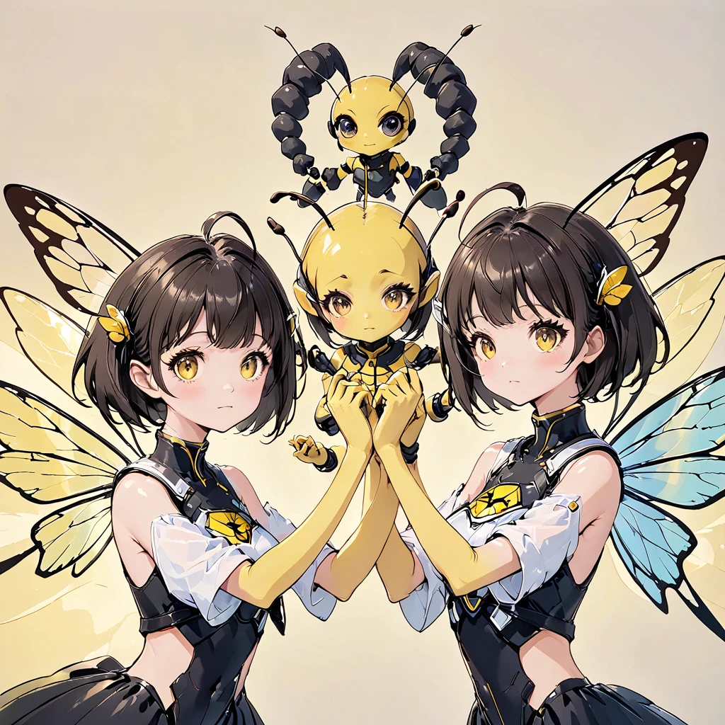 honey bee Girl with insect eyes, 4 arms, antennas, yellow skin, yellow fur, 2 pairs of arms, short brown hair, compound eyes, yellow skin, pair of insect wings,   