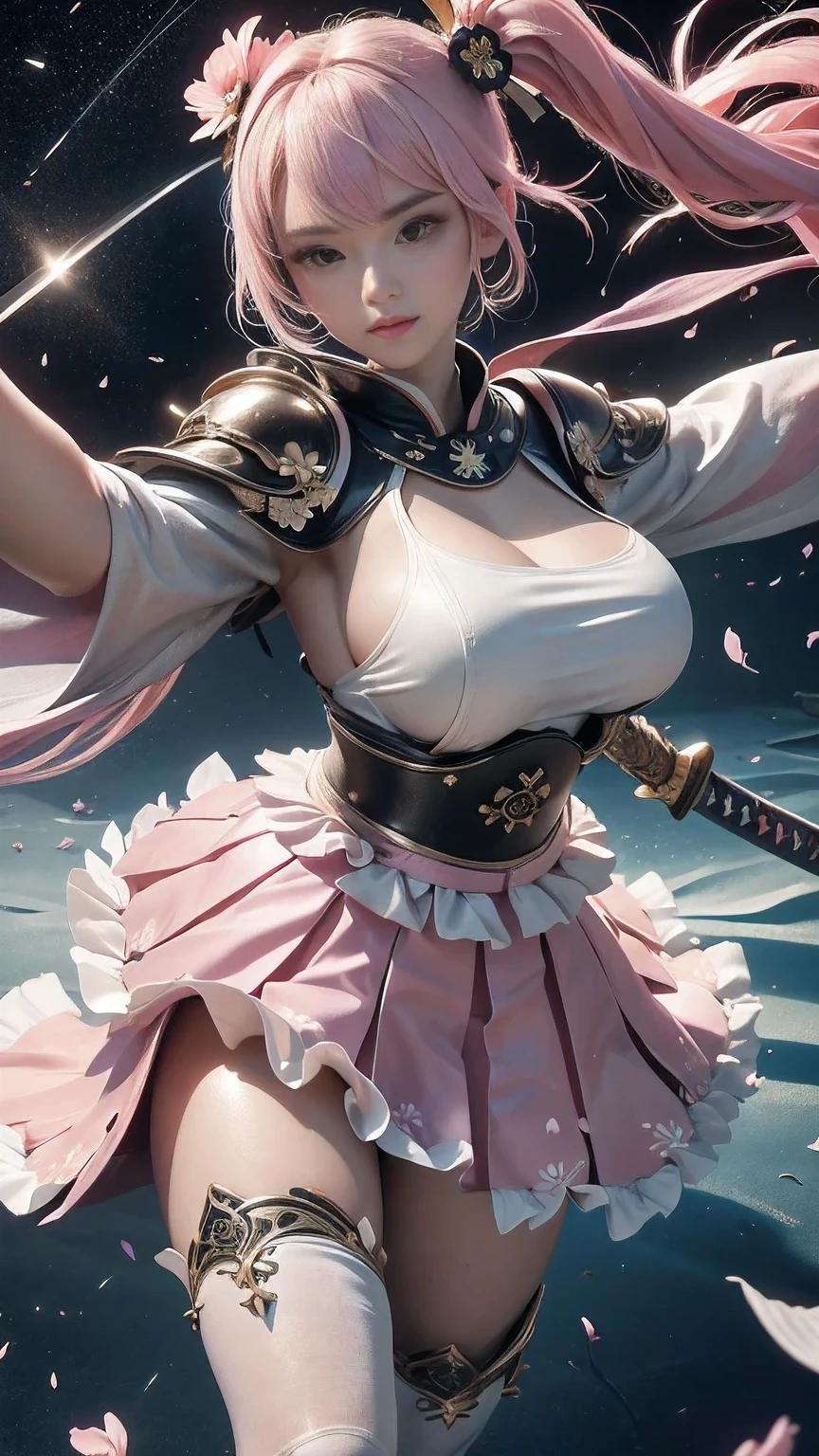  young woman, warrior,(wielding a katana_weapon:1.3), very detailedな, realisti,seductive smile, ((Selfie)),  Brilliant Appearance , Creative Action,  extremely detailed, Imaginative,  Sensual, spontaneous ,  top quality ,  skin texture, ((absurdly long hair,twintails)),((Pastel pink:1.6)), (led eyes), toned body ,(huge breasts:1.6), plump thighs, ( white pink armor with a cosmos flower pattern engraved ),(( leather samurai armor knight)), bikini type design that emphasizes chest exposure ,(sideboob),  Wear a white pink cape with a cosmos flower pattern , ((ruffled skirt:1.3)), White shin guard with a cosmos flower pattern engraved on it , Black high-leg underwear ,  Black Tights ,  absolute domain,  Intricate Details  , (( blue sky)),((Meteor shower:1.3)),(()), ((Cosmos flower petals background:1.3)), ((Cosmos flower petals:1.3)), ((Cosmos flower petals dancing in the wind:1.3)),( Cosmos flowers in full bloom ),(Cosmos flowers in full bloom ), (confetti),  RAW photos , 8k, masterpiece,  top quality , ultra detail, very detailed,  Intricate Details  , high res,超 Intricate Details , very detailed 8k cg wallpaper,