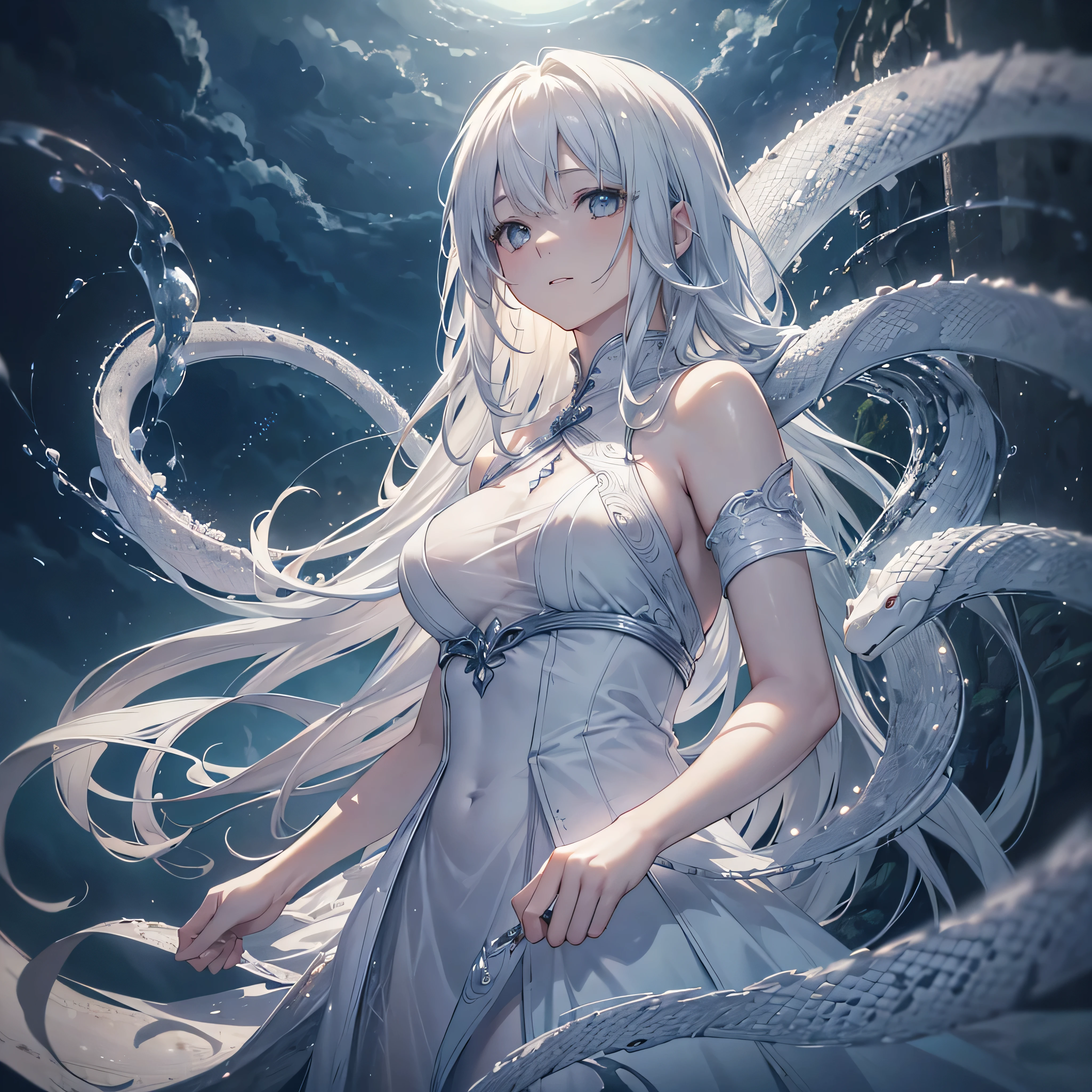 Arrival, Realistic detailed white snake、 highly detailed scale 、White Snake, shining supernatural energy、coiled body 、 fantasy, intricate pattern 、flowing motion、 mystical atmosphere、 gentle expression 、natural environment、 natural light、ambient fog 、moody color 、 photorealistic、( top quality 、8k、 high res、masterpiece:1.2)、 super detailed 、( real、 photorealistic、 photorealistic:1.37)、Film composition、 Dramatic Lighting ,White clothes that are less revealing, Angle from Below ,