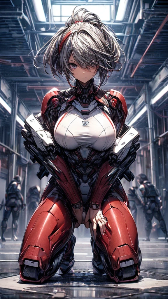 (( top quality 、 excitement 、 complete anatomy、Five fingers、Full Arms、 Details)),woman,(((日本人woman、 Look Down、Alone,running, slightly brownish white hair、Hair that goes up to the shoulders 、red streaked hair,robot、robot suit,big lobot behind girl, cockpit、Installation、 size large clothes、Dressing、 undress, emphasizes body lines 、open legs,)))