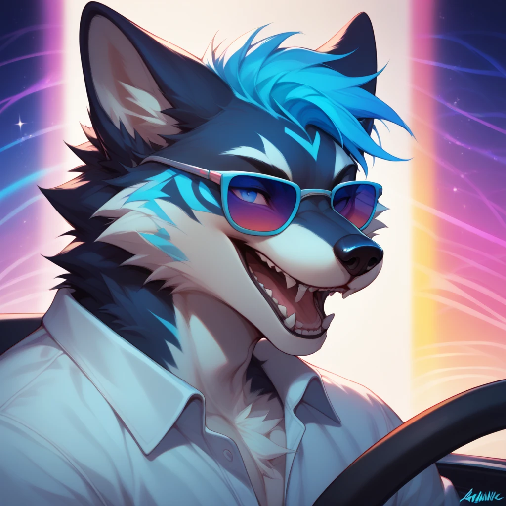 azul,furry, mature, male, portrait, cheerful, positive energy, vibrant background, close up shot , open mouth, teeth, sparkly, loose shirt, rainbow syntwave, vaporwave, scanlines, night time background,iconic sunglasses, cool, driving a red convertible car, in the highway.