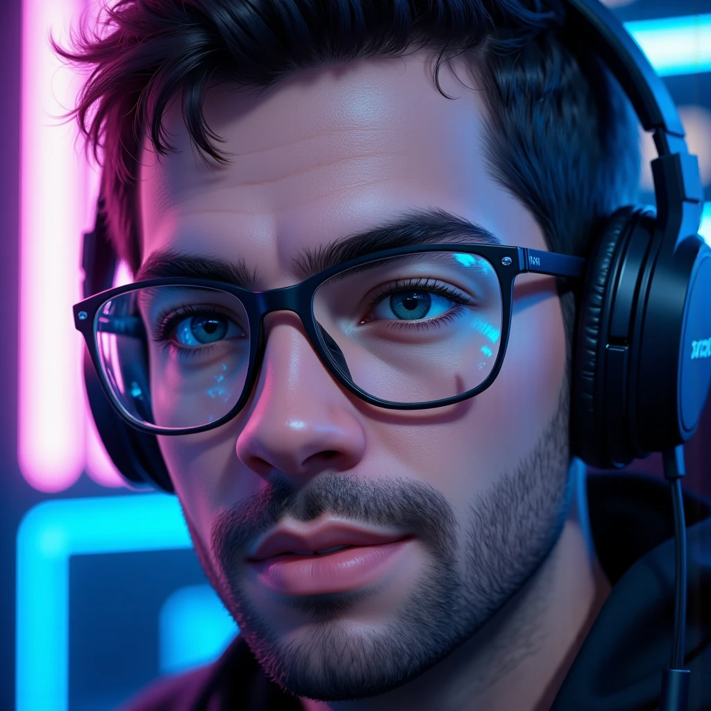 ((Masterpiece)), (ultra-detailed), (8k resolution), A dynamic **Twitch avatar** of **Pivalora2**, styled for a professional e-sports vibe. The composition features a close-up of **Pivalora2’s face**, wearing **black prescription glasses** with a sleek, modern frame that reflects faint **RGB lighting** from a professional gamer headset. His expression is confident and focused, showcasing the determined attitude of a competitive gamer.  

The background is minimal yet vibrant, incorporating a **blurred neon glow** in hues of blue and purple, inspired by the energetic ambiance of gaming arenas. The lighting is sharp and cinematic, with highlights on his glasses and headset for a polished, high-quality appearance. The design integrates a **subtle Twitch logo-inspired outline** or **stylized gamer tag (Pivalora2)**, placed at the bottom corner for branding.  

Perfect for Twitch use, this avatar blends professionalism with personality, capturing the essence of **e-sports competition** in a bold, engaging way. **(Twitch avatar, e-sports branding, RGB lighting, cinematic focus, neon accents, professional design)**.  