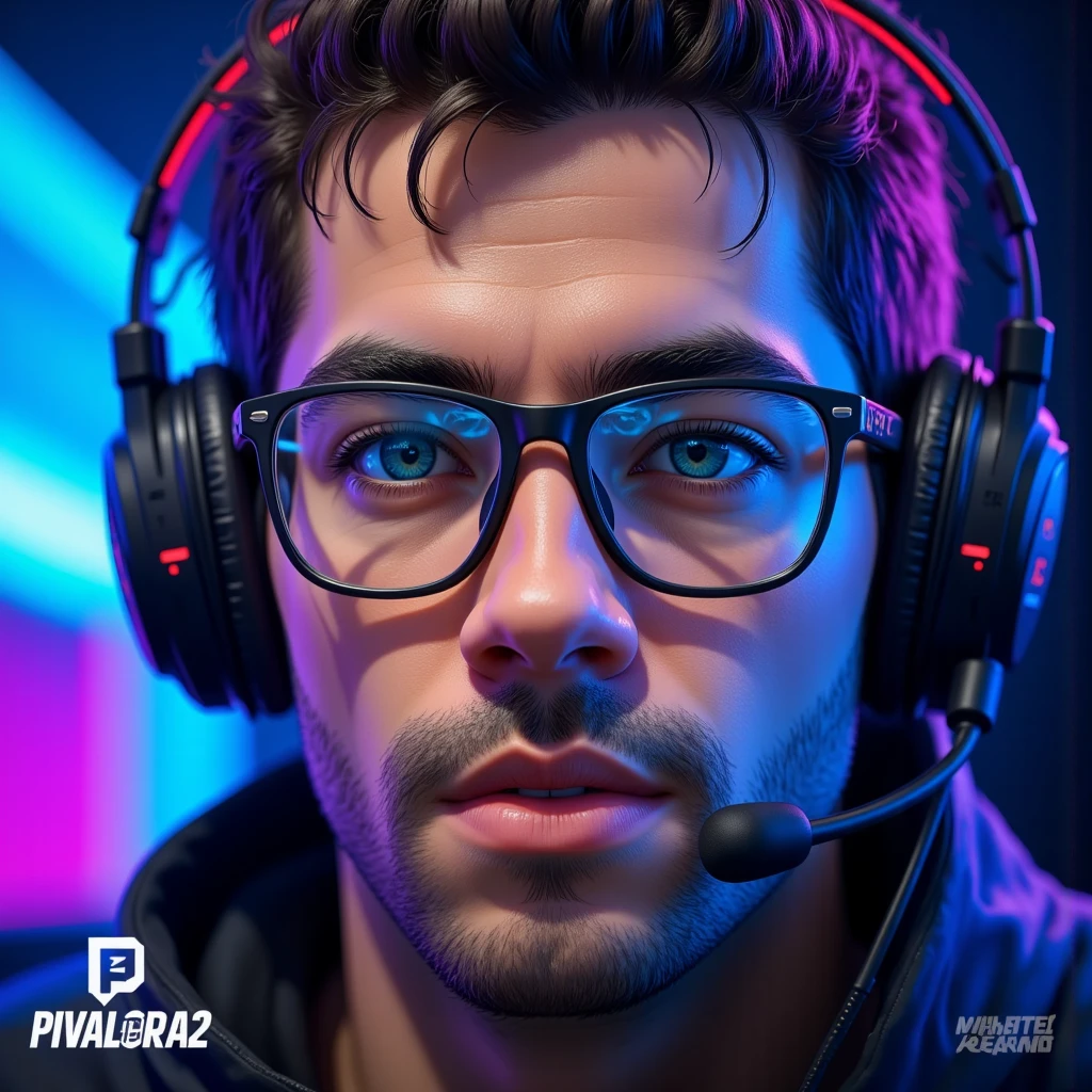 ((Masterpiece)), (ultra-detailed), (8k resolution), A dynamic **Twitch avatar** of **Pivalora2**, styled for a professional e-sports vibe. The composition features a close-up of **Pivalora2’s face**, wearing **black prescription glasses** with a sleek, modern frame that reflects faint **RGB lighting** from a professional gamer headset. His expression is confident and focused, showcasing the determined attitude of a competitive gamer.  

The background is minimal yet vibrant, incorporating a **blurred neon glow** in hues of blue and purple, inspired by the energetic ambiance of gaming arenas. The lighting is sharp and cinematic, with highlights on his glasses and headset for a polished, high-quality appearance. The design integrates a **subtle Twitch logo-inspired outline** or **stylized gamer tag (Pivalora2)**, placed at the bottom corner for branding.  

Perfect for Twitch use, this avatar blends professionalism with personality, capturing the essence of **e-sports competition** in a bold, engaging way. **(Twitch avatar, e-sports branding, RGB lighting, cinematic focus, neon accents, professional design)**.  