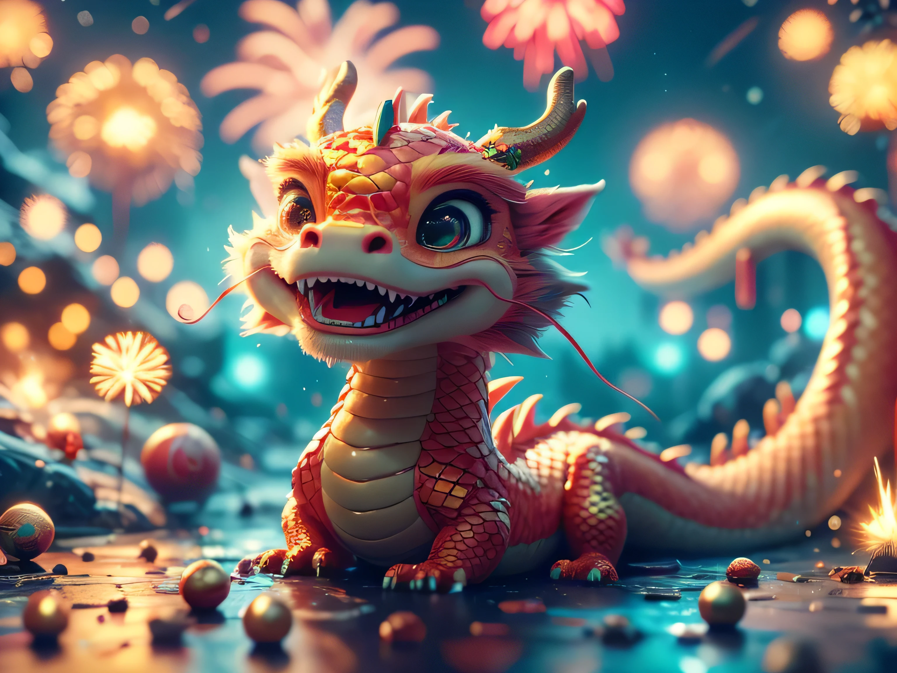 Magical Fantasy Creature, (Best Quality, Masterpiece, Representative Work, Official Art, Professional, Super Detailed, 8k:1.3), (Photorealism:1.2) Hyperrealistic fantasy art. Medium shot. Highly textured, hyperrealistic 3D render, Super cute, A very cute little dragon, with bright scales and big expressive eyes, sitting on the lawn and looking with delight at the sparkling fireworks in the sky. Next to him, a very cute little snake is curling up, also delighted by the spectacle. The snake should be playful and friendly, with cheerful patterns on its scales that reflect the colors of the fireworks. The work should be done in the style of a bright and funny illustration, with an emphasis on the cute features of the characters. Use rich and cheerful colors - green and blue for the dragon, and a variety of colors for the snake. The fireworks should be bright and shiny, creating an atmosphere of magic. Convey a sense of joy and admiration by putting cheerful expressions in the characters. The dragon and the snake should look happy and enthusiastic so that the viewer can feel the atmosphere of celebration and friendship between them. Set the scene against a night sky with bright fireworks that sparkle and explode in various shapes and colors. Add a starry sky with light clouds to create a sense of depth and magic where the dragon and snake are located. Soft focus with a soft volumetric glow. Detailed fur texture, creature design by Ian McCue. Almost three-dimensional details reminiscent of the surreal, fairy-tale worlds of Mark Ryden, Ashley Wood and James Jean. Warm color palette with deep shadows. Super glossy effect. Best quality. Masterpiece. Representative work. Official art. Professional. Super detailed. 8k resolution. Photorealistic. Cinematic. Atmospheric. Dark. Intricate details. HDR. Beautifully shot. Hyperrealistic. Crisp focus. Perfect composition. High contrast. ArtStation. Intricate detail, HDR, Beautifully shot, Hyperrealistic, Crisp focus, 64MP, Perfect co