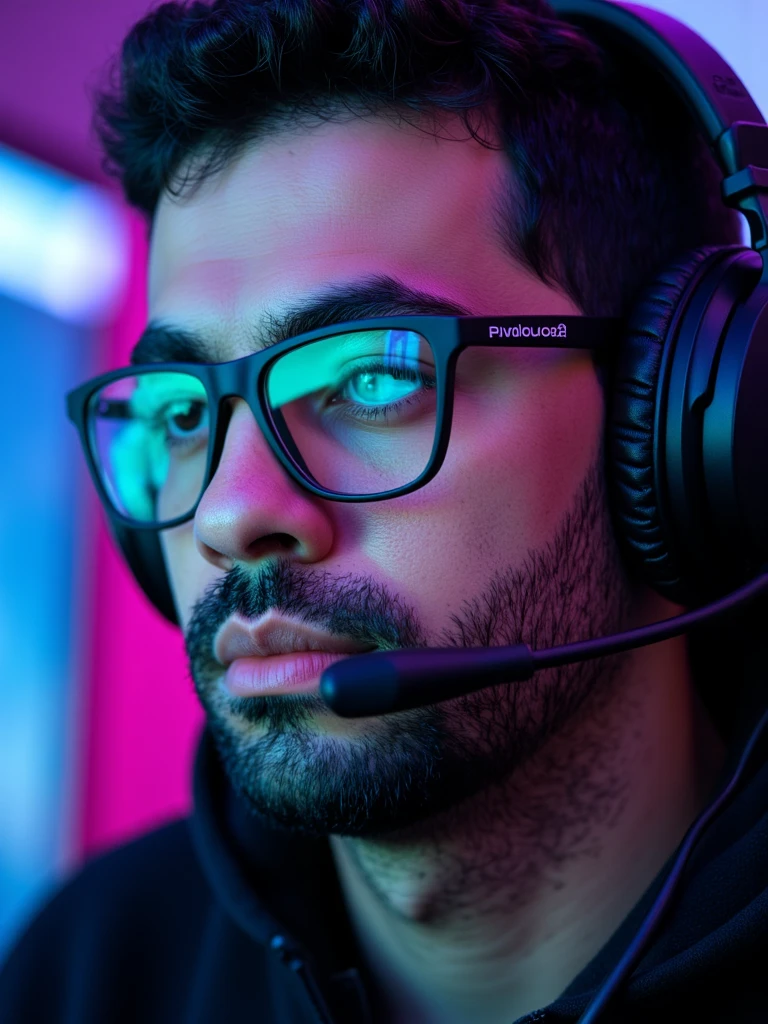 ((Masterpiece)), (ultra-detailed), (8k resolution), A dynamic **Twitch avatar** of **Pivalora2**, styled for a professional e-sports vibe. The composition features a close-up of **Pivalora2’s face**, wearing **black prescription glasses** with a sleek, modern frame that reflects faint **RGB lighting** from a professional gamer headset. His expression is confident and focused, showcasing the determined attitude of a competitive gamer.  

The background is minimal yet vibrant, incorporating a **blurred neon glow** in hues of blue and purple, inspired by the energetic ambiance of gaming arenas. The lighting is sharp and cinematic, with highlights on his glasses and headset for a polished, high-quality appearance. The design integrates a **subtle Twitch logo-inspired outline** or **stylized gamer tag (Pivalora2)**, placed at the bottom corner for branding.  

Perfect for Twitch use, this avatar blends professionalism with personality, capturing the essence of **e-sports competition** in a bold, engaging way. **(Twitch avatar, e-sports branding, RGB lighting, cinematic focus, neon accents, professional design)**.  