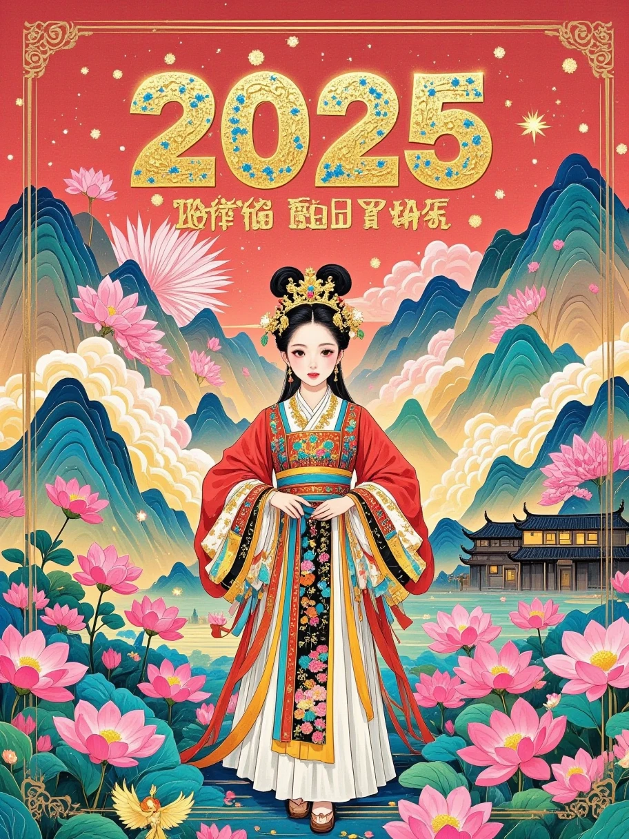 Splash-ink gold foil, sprinkled with gold, large freehand Chinese meticulous figure and scene, lanterns, fireworks, cloisonné enamel craft carved oversized text "2025 Happy New Year", the text filled with meticulous cloisonné flowers, outlined with thick gold borders, the background filled with red snake scales, cloisonné material, mineral pigments, red, gold, and turquoise tones, ultra-fine detailed painting, gold thread, gold thread outlines, rich details, red background, high saturation, 1girl, an ethereal Chinese-style girl, wearing a Ming Dynasty phoenix crown and xiapei, celebrating Chinese New Year. The phoenix crown shines with a golden glow, inlaid with round pearls and surrounded by gorgeous gemstones, like the passion of rubies, the depth of sapphires, and the gentleness of jade. Delicate beaded strings hang from both sides of the phoenix crown, swaying gracefully. The xiapei is like flowing colorful clouds, made of delicate silk, embroidered with lifelike phoenix patterns. The phoenix feathers are outlined with gold and silver threads, each line demonstrating exquisite craftsmanship. The girl's red Chinese-style clothing has sleeves embroidered with golden patterns like blooming flowers (the skirt has multiple layers and is decorated with small bells at the edges). She has curved willow-leaf eyebrows and bright eyes, with pink blush like the sunset glow, adding a touch of sweetness. Fireworks bloom in the air, and lanterns emit a warm glow, complementing the girl's magnificent attire. Spring Festival couplets create a festive background. Full body portrait, multi-angle display, ultra-high definition, 8k, showcasing the beauty of Chinese style. Distant view, wide-angle lens.