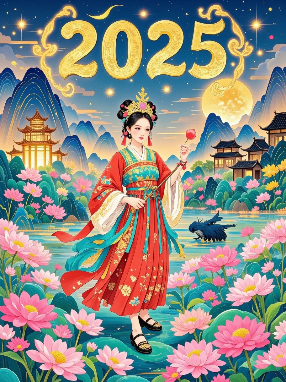 Splash-ink gold foil, sprinkled with gold, large freehand Chinese meticulous figure and scene, lanterns, fireworks, cloisonné enamel craft carved oversized text "2025 Happy New Year", the text filled with meticulous cloisonné flowers, outlined with thick gold borders, the background filled with red snake scales, cloisonné material, mineral pigments, red, gold, and turquoise tones, ultra-fine detailed painting, gold thread, gold thread outlines, rich details, red background, high saturation, 1girl, an ethereal Chinese-style girl, wearing a Ming Dynasty phoenix crown and xiapei, celebrating Chinese New Year. The phoenix crown shines with a golden glow, inlaid with round pearls and surrounded by gorgeous gemstones, like the passion of rubies, the depth of sapphires, and the gentleness of jade. Delicate beaded strings hang from both sides of the phoenix crown, swaying gracefully. The xiapei is like flowing colorful clouds, made of delicate silk, embroidered with lifelike phoenix patterns. The phoenix feathers are outlined with gold and silver threads, each line demonstrating exquisite craftsmanship. The girl's red Chinese-style clothing has sleeves embroidered with golden patterns like blooming flowers (the skirt has multiple layers and is decorated with small bells at the edges). She has curved willow-leaf eyebrows and bright eyes, with pink blush like the sunset glow, adding a touch of sweetness. Fireworks bloom in the air, and lanterns emit a warm glow, complementing the girl's magnificent attire. Spring Festival couplets create a festive background. Full body portrait, multi-angle display, ultra-high definition, 8k, showcasing the beauty of Chinese style. Distant view, wide-angle lens.