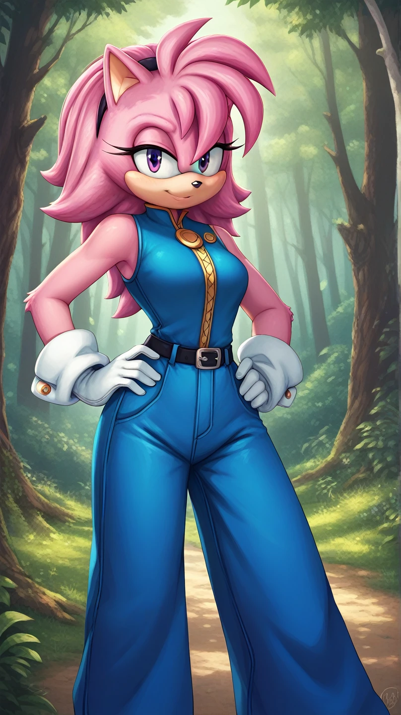  Julie-su The Echinda form sonic the hedgehog (series), (pink body/fur), (pink hair), (backround: forest), (detailed backround), (masterpiece), (high details), (facing the viewer:1.3), (looking at the viewer:1.3), (purple eyes),purple IncursioDipDyedHair,   blue jumpsuit, white gloves, sleeveless, hands on hips 