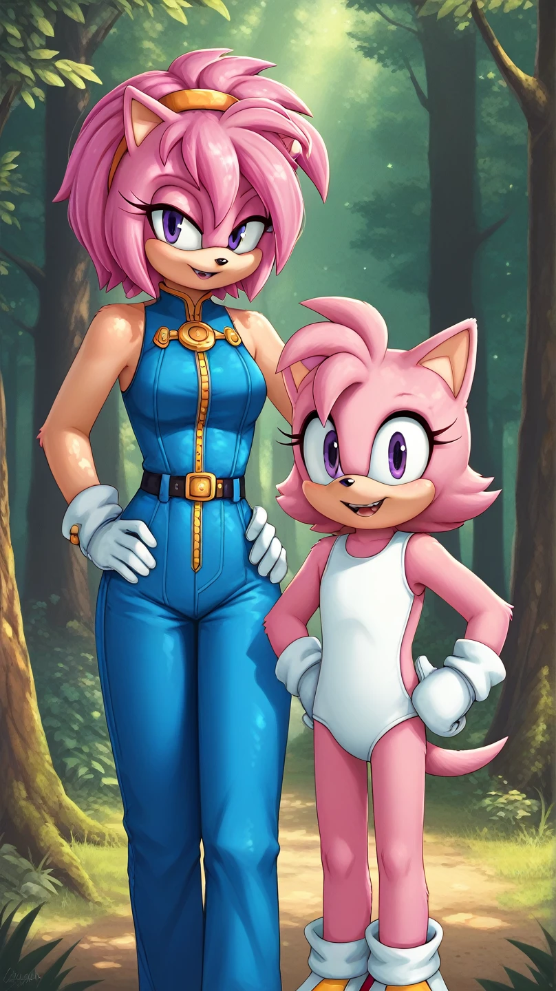  Julie-su The Echinda form sonic the hedgehog (series), (pink body/fur), (pink hair), (backround: forest), (detailed backround), (masterpiece), (high details), (facing the viewer:1.3), (looking at the viewer:1.3), (purple eyes),purple IncursioDipDyedHair,   blue jumpsuit, white gloves, sleeveless, hands on hips 