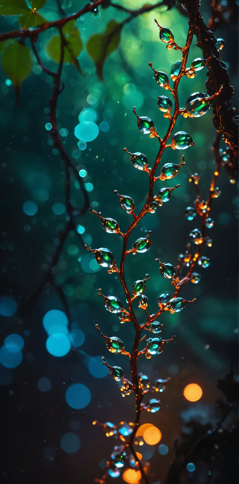 cinematic photo macro photo, sparkling dewdrops cling to a magical fantasy glass vine that runs from a high branch at the top near us down into molten lava, galaxy fantasy colors, [vertical orientation], open center area made of old paper. . 35mm photograph, film, bokeh, professional, 4k, highly detailed
