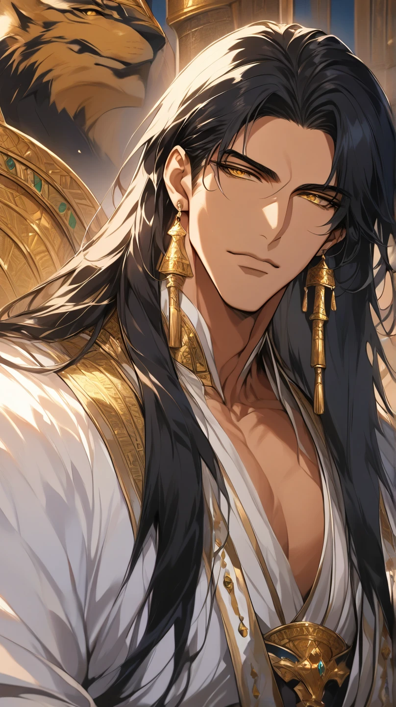 (score_9, score_8_up), long hair, masterpiece, best quality, 1 man , black hair , perfect face , gold eye , handsome male , Alone, adult male , delicate line drawingimpasto, masterpiece, high resolution, Top quality, unique , 1 male , nice , tanned skin , black haired, a sultan, Egypt, open clothes