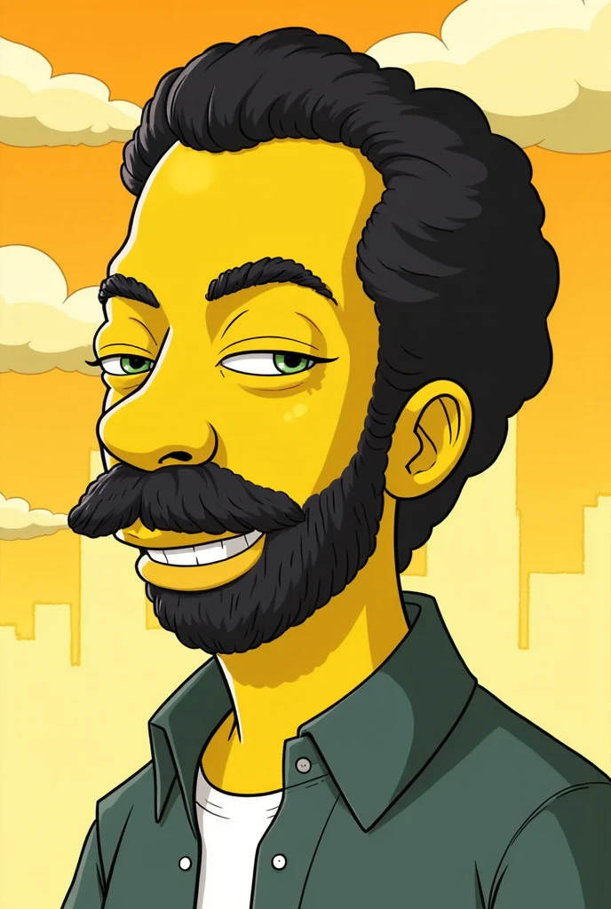 A portrait of Pivalora1, designed in the iconic Simpsons universe style

| Simpsons-style | portrait | yellow skin | bold outlines | exaggerated features | Springfield neighborhood | humorous expression | well-groomed beard | casual shirt | sunny background | flat shading | Matt Groening faithful design.