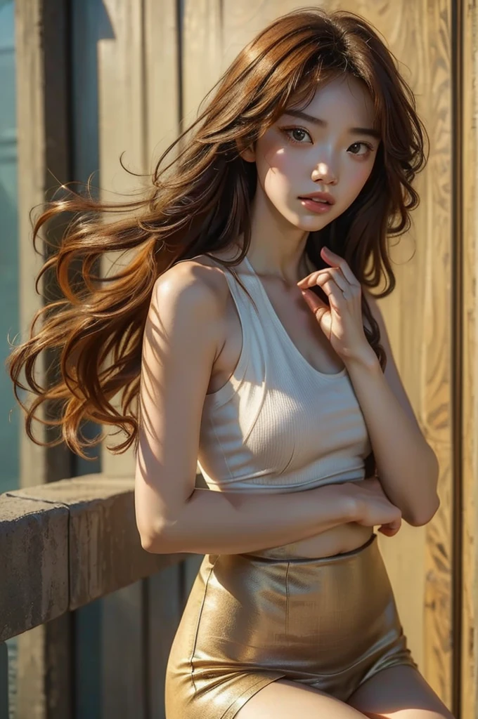 Super high res, ( top quality ,4K, Perfect Sharpness , Ultra-Fine, high res,masterpiece:1.2), Perfect Anatomy:1.5, Story Telling Illustration 、Body Positivity、 physical expression 、( Energetic Pose)、 perfect beauty, (Very strong winds)、 deep expression 、 dynamic composition、 Golden Ratio Composition、colorful、bangs、( braid hair)、 black hair 、lips,（Soft, flowing hair）、（(Nostalgic atmosphere )）、（(Playful and easygoing)）、（Diverse characters）、（( Graceful Posture)）、（Convivial atmosphere）、 cropped tops、A faint smile、 ((Emotional))、Natural reaction、black tights、 shows her thighs 、