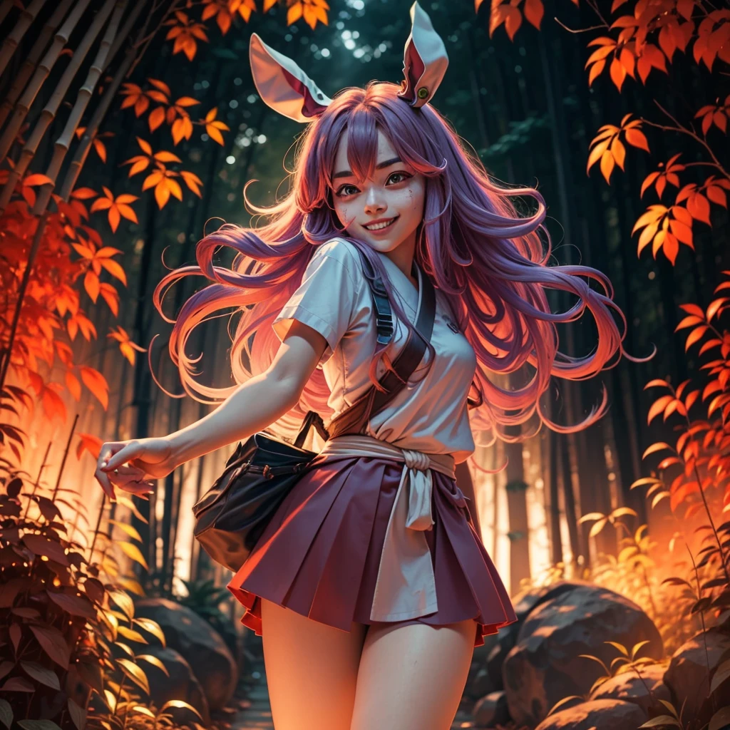 Reisen the human with bunny ears, aiming her finger towards the camera, confident smile, scar on her right eye, long purle hair, standing on a action pose, on japanese bamboo forest at night, red color , red moon