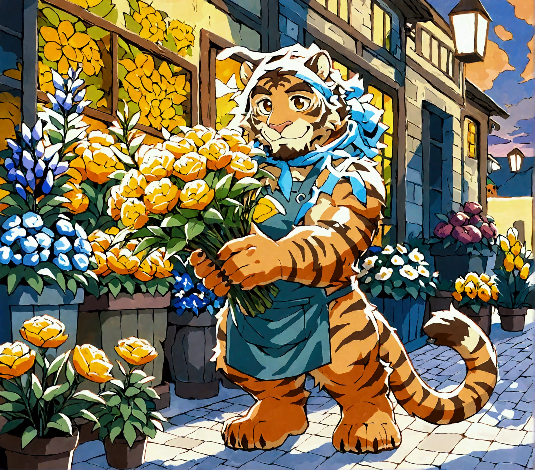 florist, plump middle-aged tiger man, happy, light smile, marigold, slacks, apron, standing, presenting a bouquet of flowers, dynamic pose, evening, england, flower shop, outdoor, detailed painting landscape, BREAK full body in Michelangelo Buonarroti style, digital illustration anime, character focus, full body, looking away, dynamic angle, BREAK complete anatomy, perfect proportions, beautiful thigh gap, fluffy body, intricate fur details, beautiful fur texture, BREAK detailed tiger tail, detailed boots, beautiful foot, detailed hands, 5fingers, 5fingers nails, BREAK aesthetic anime face, insanity detailed face, male face, big face, square jawline, aesthetic anime eyes, detailed brown eyes, detailed brown cornea, detailed dark brown irises, detailed pupils, male eyes, big eyes, male eyebrows, innocent look, beautiful beard, BREAK masterpiece, official art, best quality, very aesthetic, absurdres, super fine illustration, great quality, BREAK noise reduction, very highres, large filesize, high quality, 32K, 8k wallpaper, dynamic lighting, BREAK insanity detailed, ultra detailed, intricate details, extremely detailed, detailed texture, an extremely delicate and beautiful, full color, HDR, BREAK e621 illustration, osukemo, kemohomo, anthropomorphic, furry, cartoon, harmonious eyes, pastoral body, virtuous face, floral atmosphere 