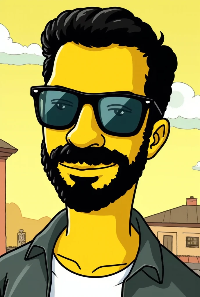 A portrait of Pivalora1, sunglass, designed in the iconic Simpsons universe style

| Simpsons-style | portrait | yellow skin | bold outlines | exaggerated features | Springfield neighborhood | humorous expression | well-groomed beard | casual shirt | sunny background | flat shading | Matt Groening faithful design.