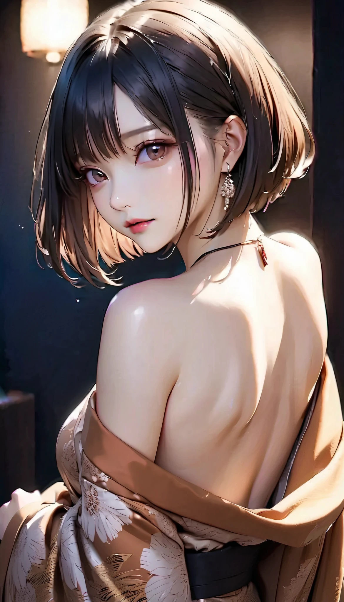 (masterpiece:1.3), (8K, Realistic, RAW Photos, Best image quality: 1.4), (((full body))), (((Absolutely shoulder-length brown straight short bob))), raw photo, Japanese, (1 Girl), beautiful girl, 1 girl, Half Japanese and half Korean,
Sexy back, Attractive woman in traditional Japanese kimono, alone, Strapless off-shoulder kimono, Dark brownish black hair, Detailed and realistic skin texture, High contrast attractive skin tones, Captivating soft make-up,
BREAK Luxury Japanese Kimono, Detailed silk texture, Silk luster, Fine and supple, Vibrant colors, Skin tension that accentuates cleavage,
BREAK Gorgeous patterns on kimonos, Detailed and intricate coloring, Aesthetic high contrast, Healthy Skin,
BREAK A bold composition that seduces the viewer, Absurd aesthetics,
BREAK Full Body Shot,