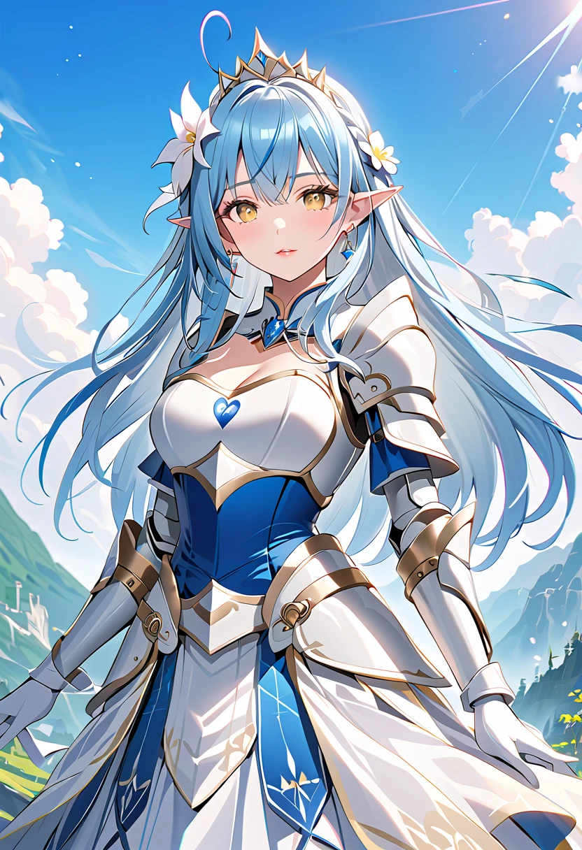 ((4K,masutepiece,Best Quality)), maxiskit, in a sparkly silver leotard, Solo, wide shoot,(((Cute angel flying in the blue sky))), Fantasy, Big Angel Wings, Big smile, Long blue hair、Twin-tailed、Delicate eyes, beautifullydetailedbackground, (on clouds), (Full speed、Full flight towards the lens)、 (2 large feathers:1.3), Lens Flare,Large in the center