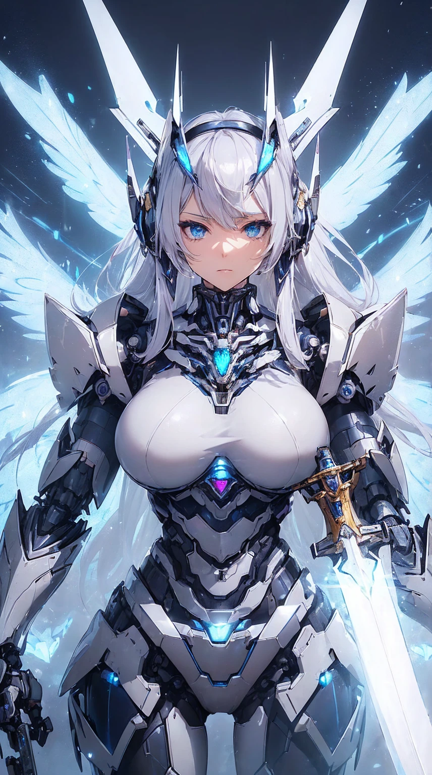 (masterpiece、highest quality, wonderful, very detailedティッカーユニティ、8k wallpaper, Depth of written boundary, Ultra-fine illustration:1.5)、。.。.3D, very detailed, (Full body Esbian、one mecha elf girl:1.3), sci-fi battlefield, Hawken, shy smile, open your mouth、short ponytail hair, (dark purple hair, purple eyes:1.2), sparkling eyes, Embarrassingly cute face, cute, big breasts, delicate hair, messy hair, (((The sky is blue and wide、White cloud、shiny hair, shiny skin, (Symmetrical mechanical winetallic colored mechanical wings that are widely expanded to the left and right so that they protrude wonderfully from the screen, bite, white hair ornament), (particles of light, cinematic lighting: 1.3), (pale pink lips: 0.8), by Yusuke Murata.