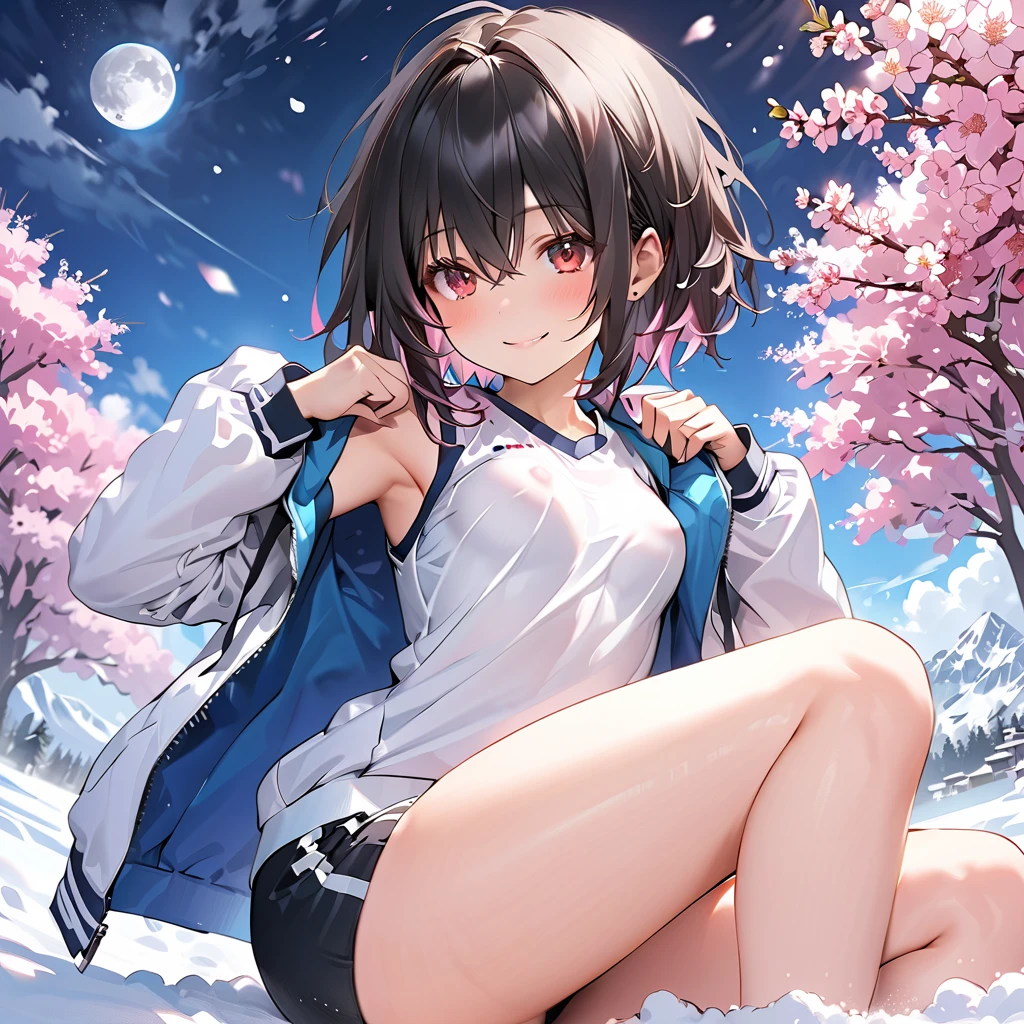 ( Perfect Anatomy), ((32K)), (( top quality )), ((超 high res)), (( high res)), ((超 high res)), (( very detailed CG pinching boob)) , 1 high school girl, red eyes、 black hair, short hair 、smile、blush、( small breasts),Open hoodie、(white gym uniform),(black buruma),(Thighs:1.5),break,night、moon、 shooting star、cherry blossoms、snow、 cowboy shot,blanc \(Neptunia )\